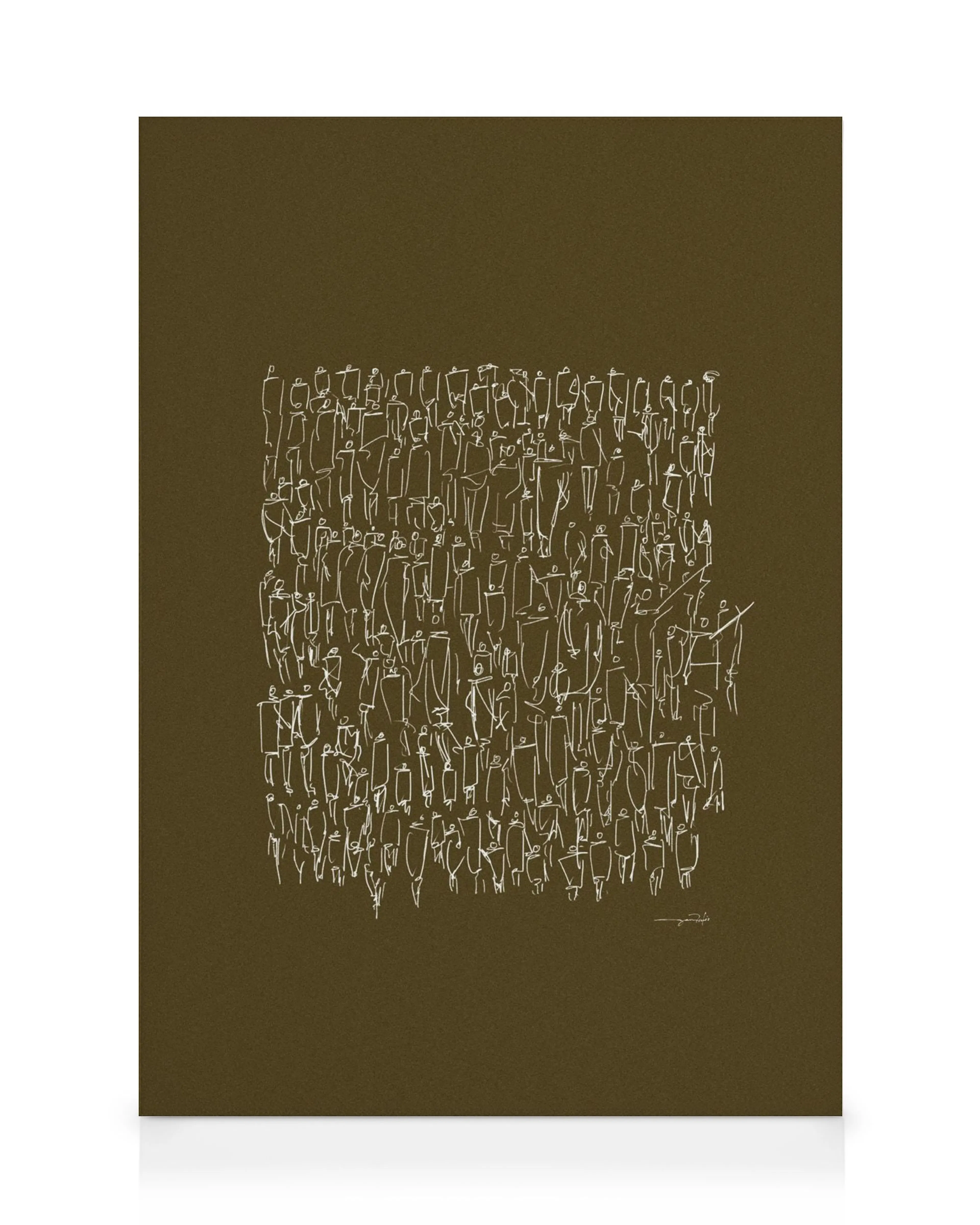 Leinwandbild mit einer minimalistischen Darstellung von Menschenmengen in weiß auf dunkelbraunem Hintergrund.