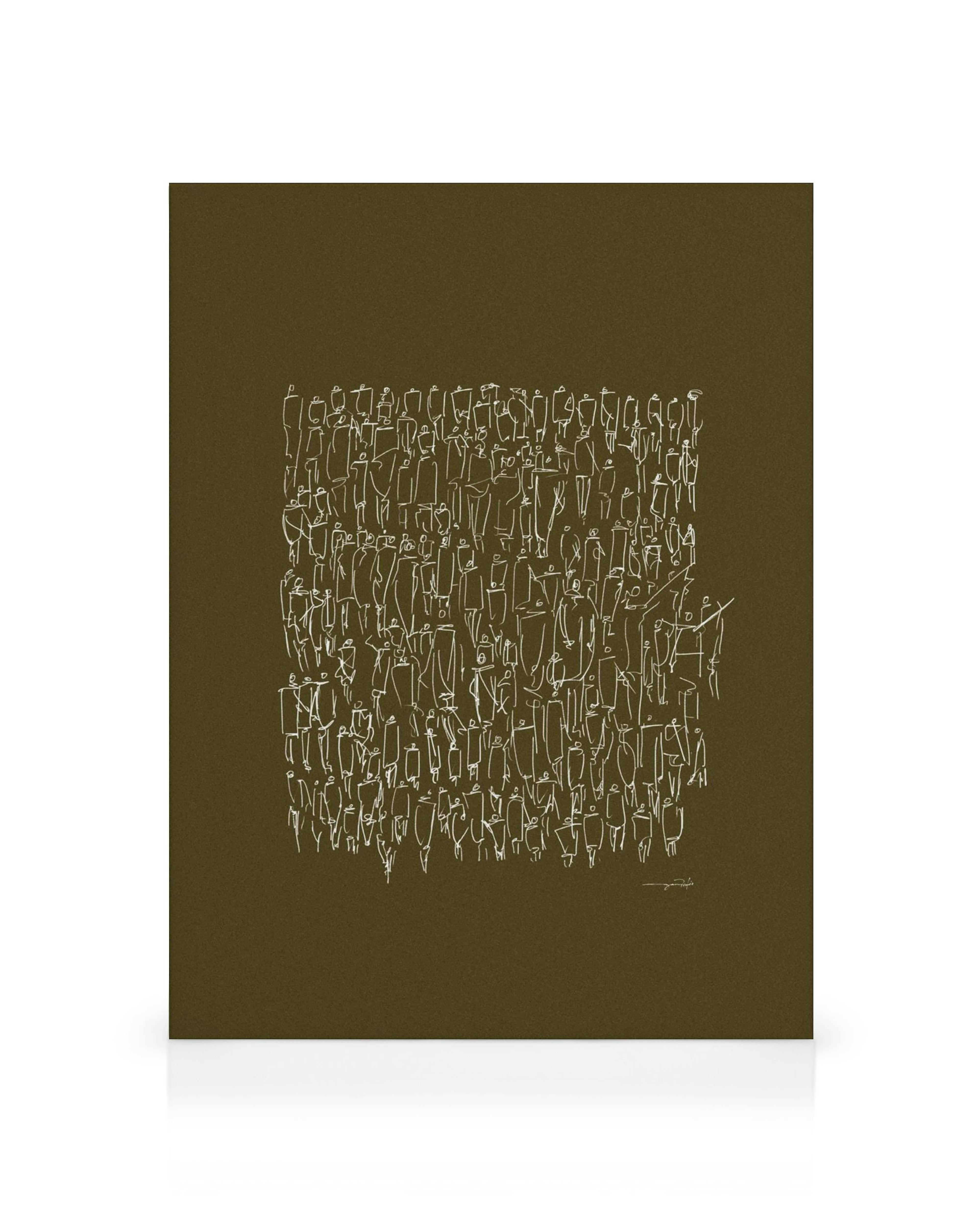 Καμβάς με μινιμαλιστική απεικόνιση πλήθους ανθρώπων με λευκές γραμμές σε σκούρο πράσινο φόντο.