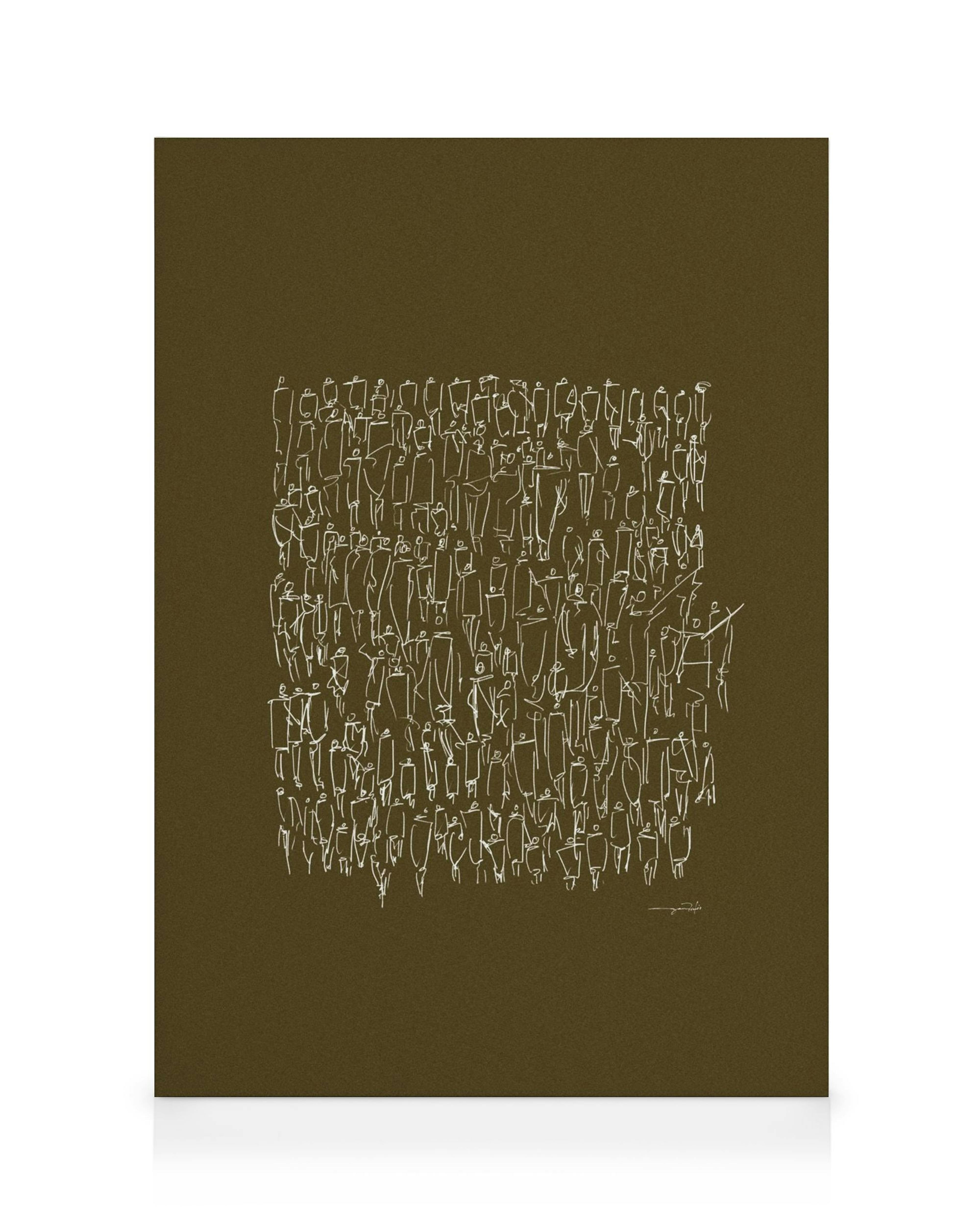 Καμβάς με μινιμαλιστική απεικόνιση πλήθους ανθρώπων με λευκές γραμμές σε σκούρο πράσινο φόντο.