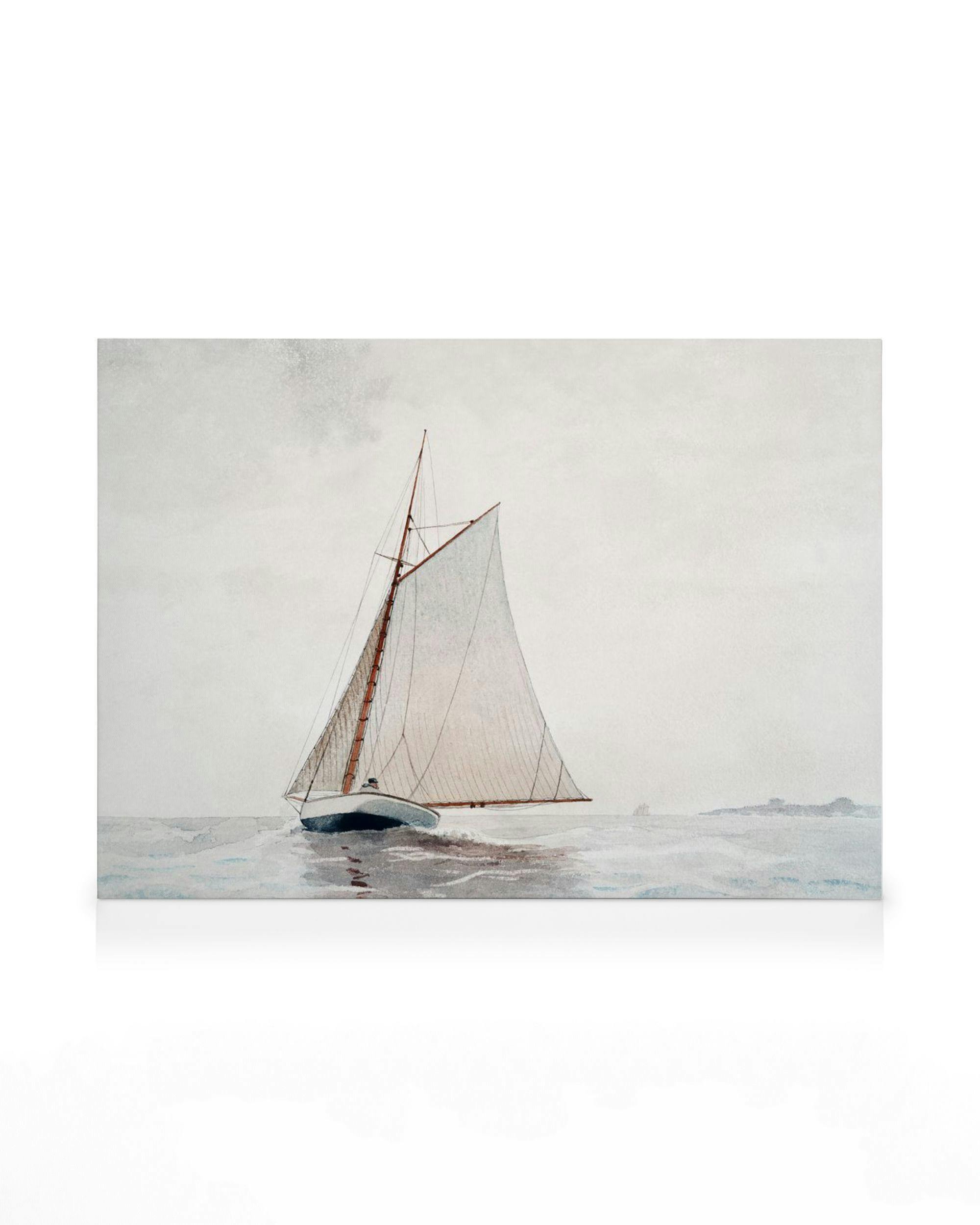 Winslow Homers Sailing off Gloucester canvas print. A serene sailboat with white sails on blue-gray waters.