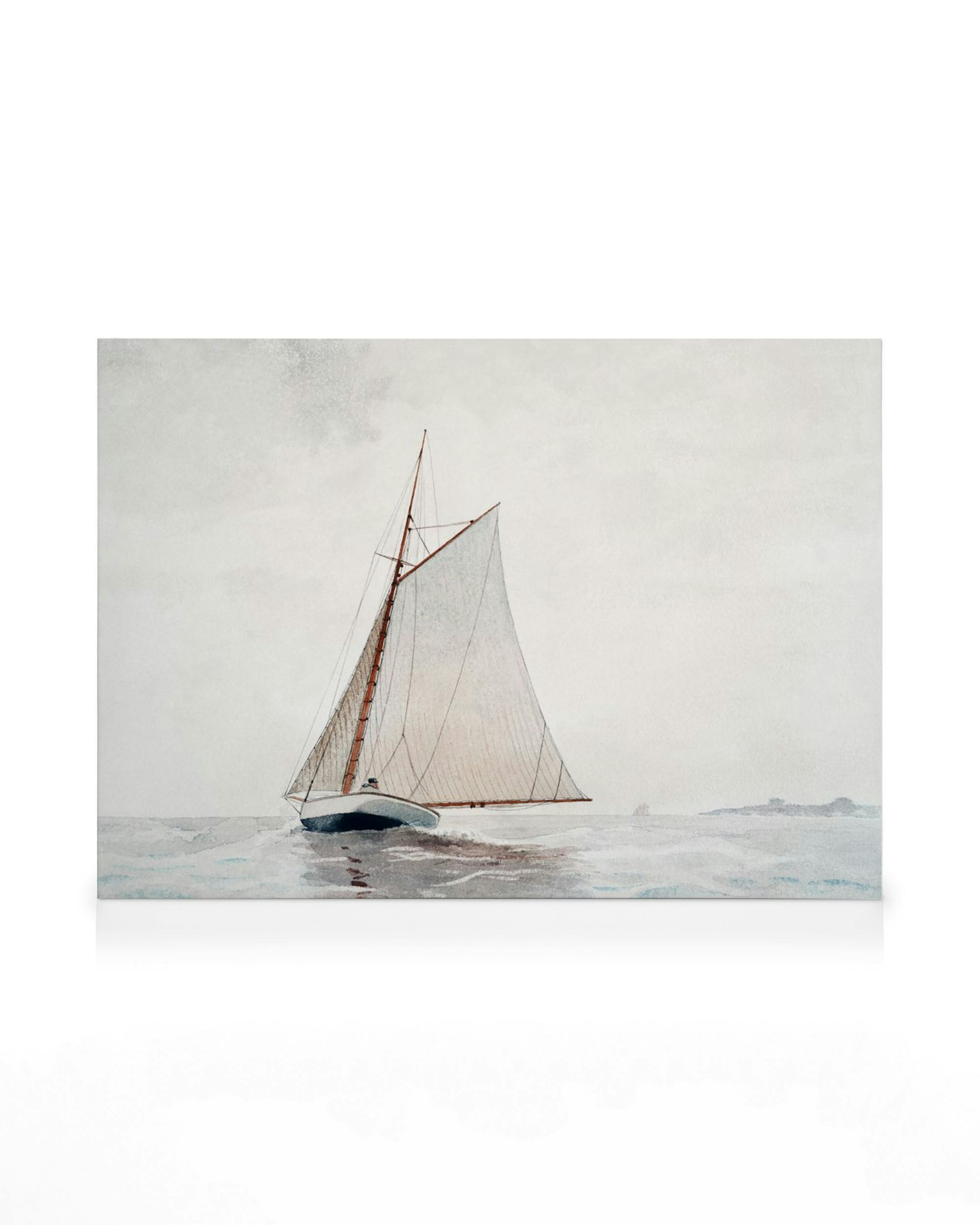 Winslow Homers Sailing off Gloucester canvas print. A serene sailboat with white sails on blue-gray waters.