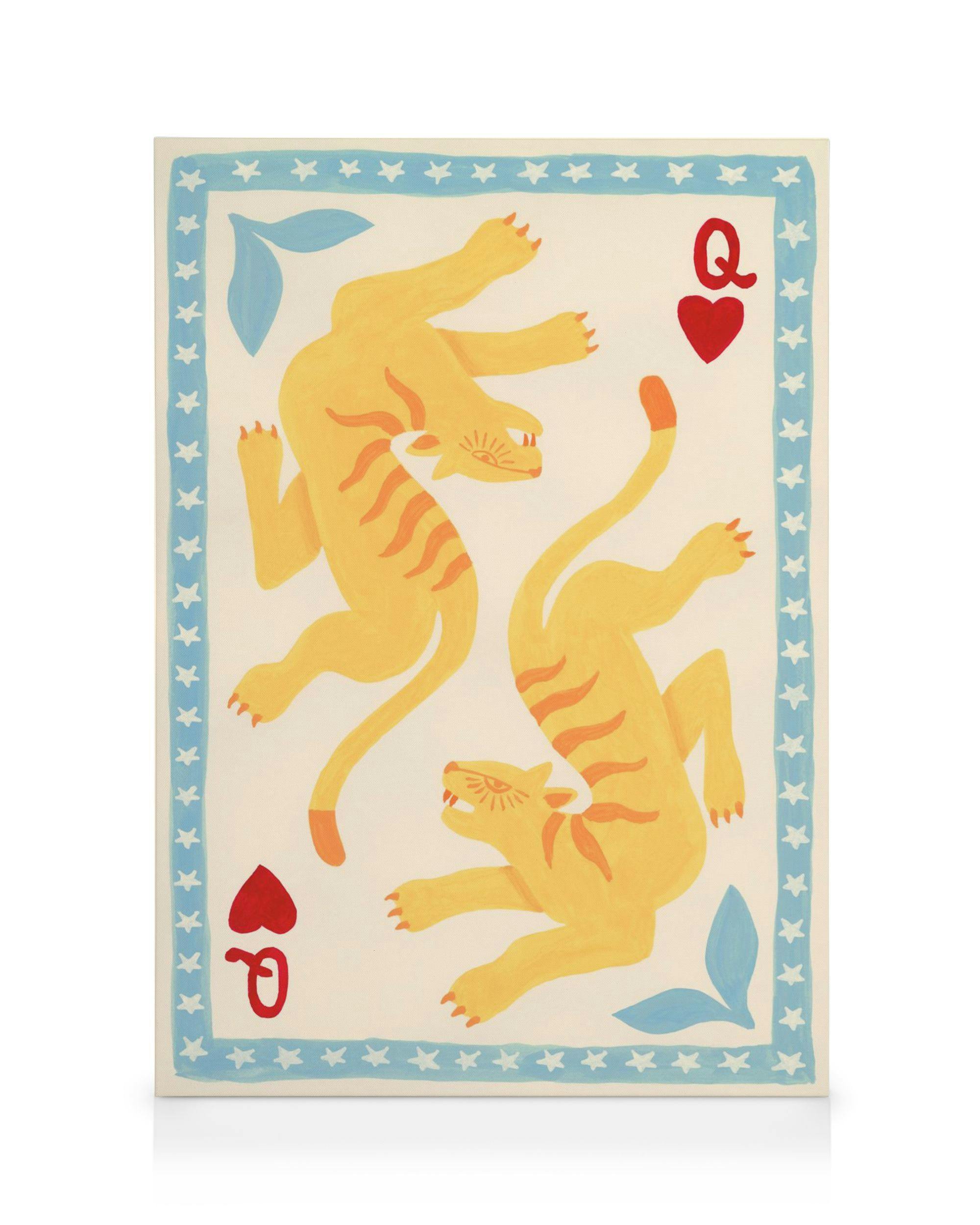 Leinwandbild mit zwei orangefarbenen Tigern und roten Spielkartensymbolen, umrandet von blauen Sternen. Dani Klaric Kunst.