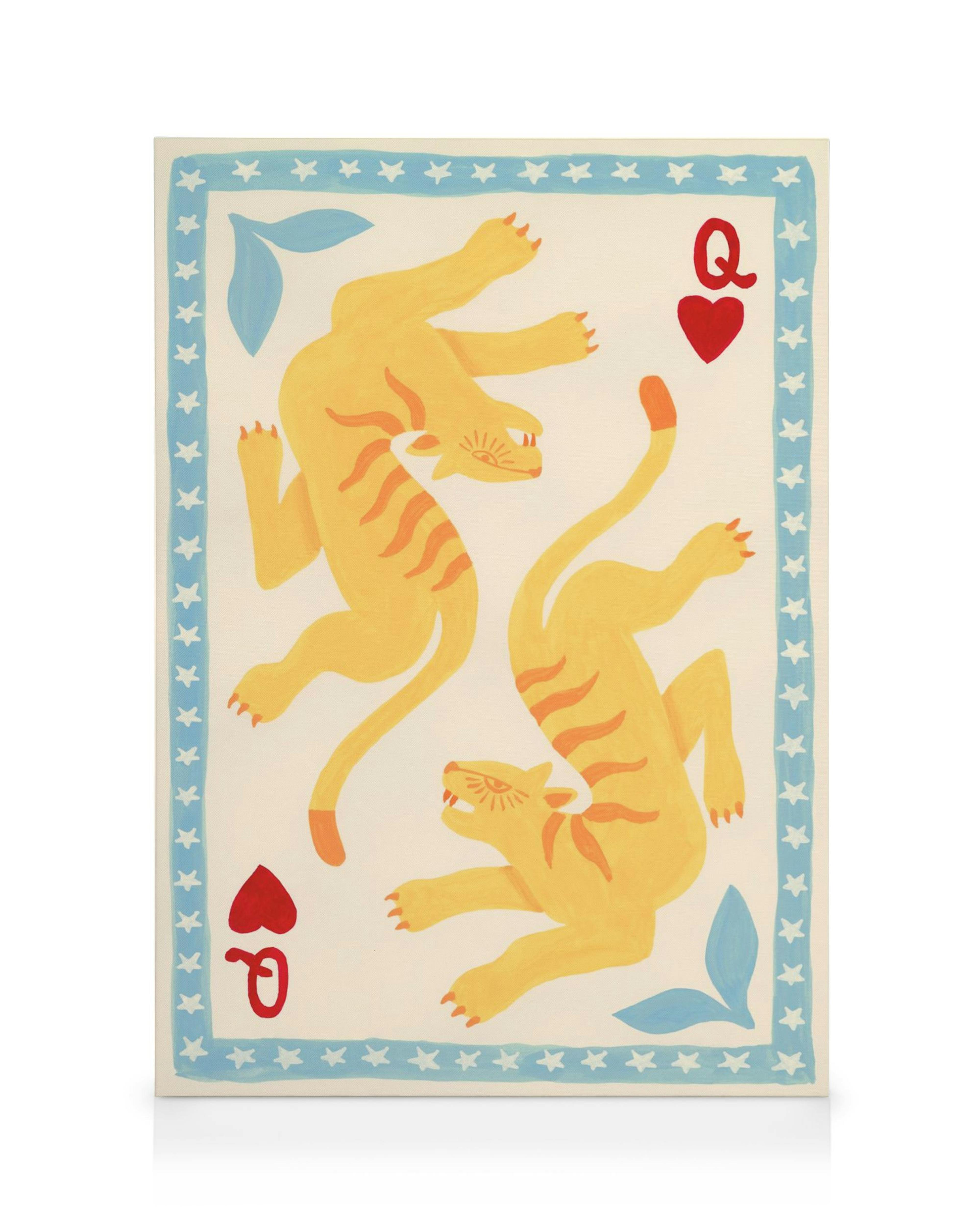 Leinwandbild mit zwei orangefarbenen Tigern und roten Spielkartensymbolen, umrandet von blauen Sternen. Dani Klaric Kunst.