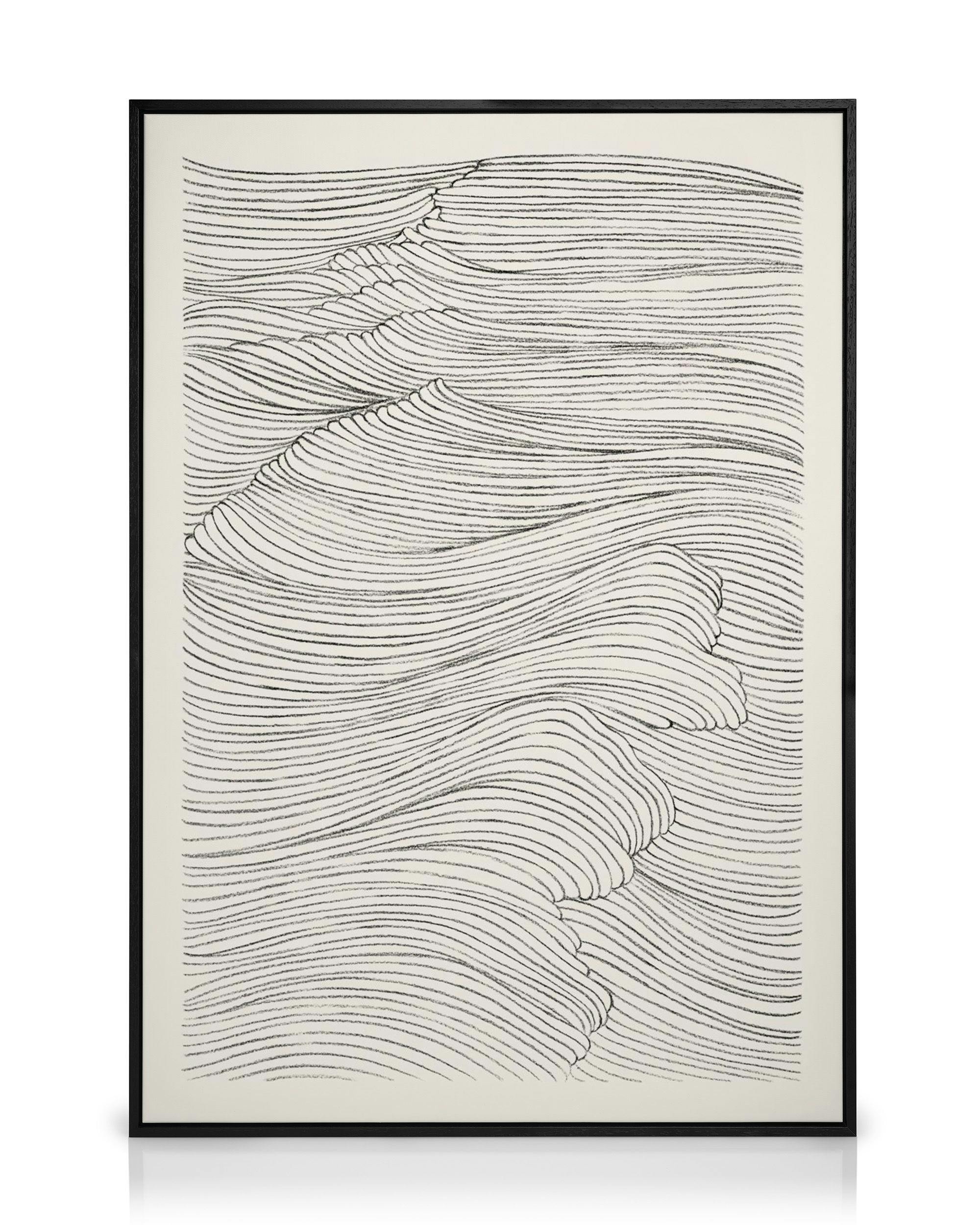 Schwarz-weißes Wellen-Leinwandbild mit feinen Linien, die fließende Ozeanwellen in minimalistischem Stil darstellen.