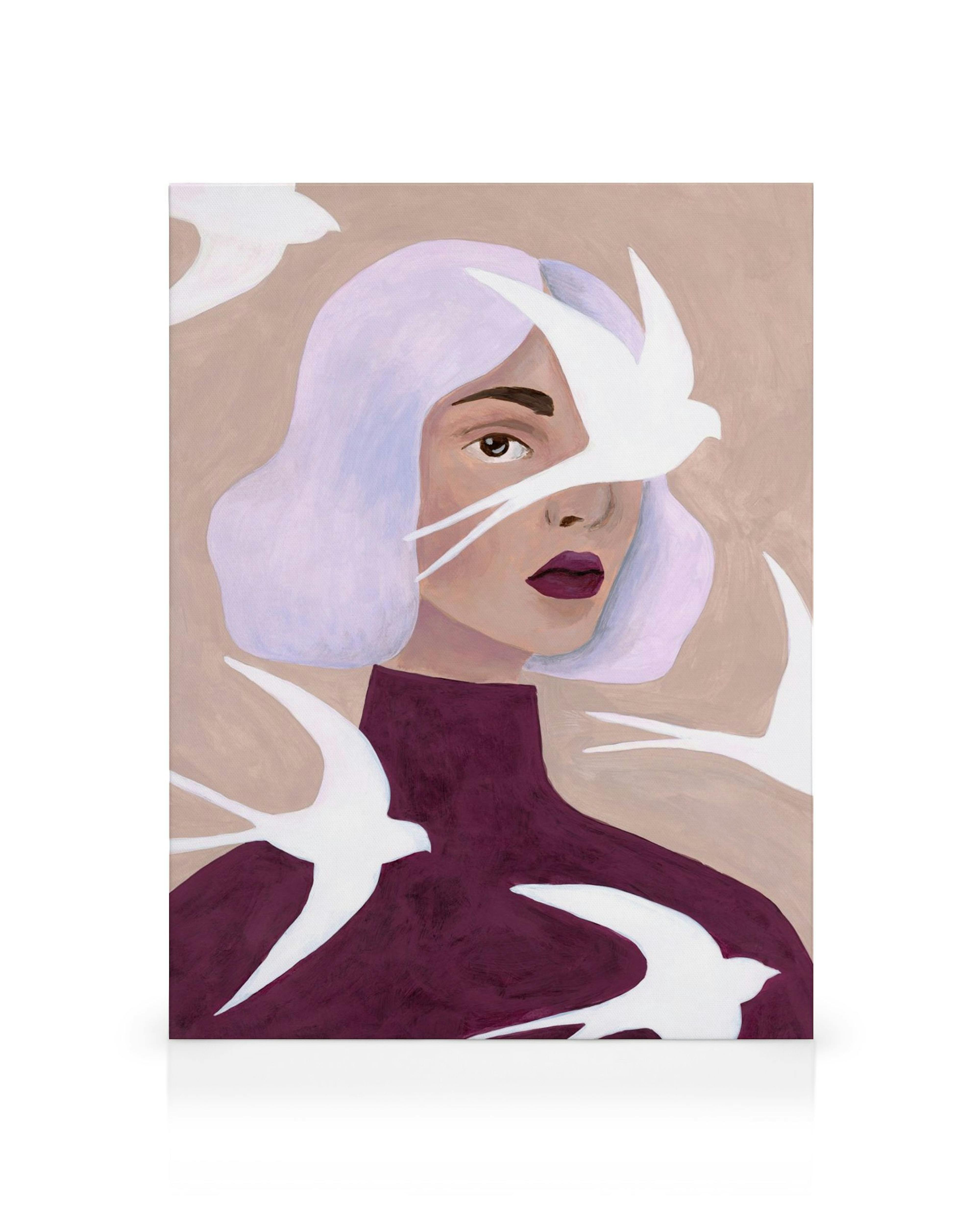 Γυναικείο πορτρέτο με λευκά πουλιά σε μωβ και μπεζ αποχρώσεις, για τοίχο