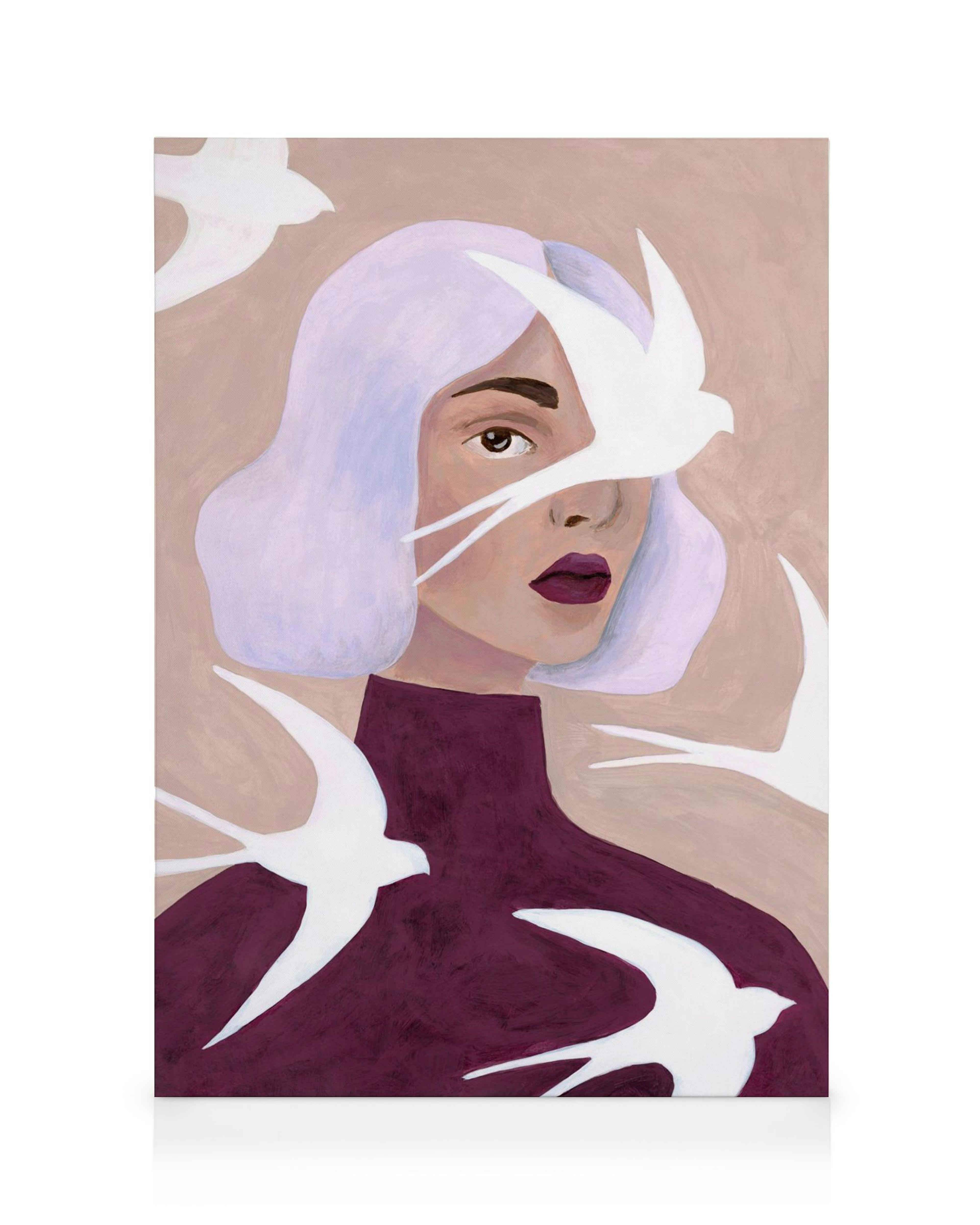 Γυναικείο πορτρέτο με λευκά πουλιά σε μωβ και μπεζ αποχρώσεις, για τοίχο
