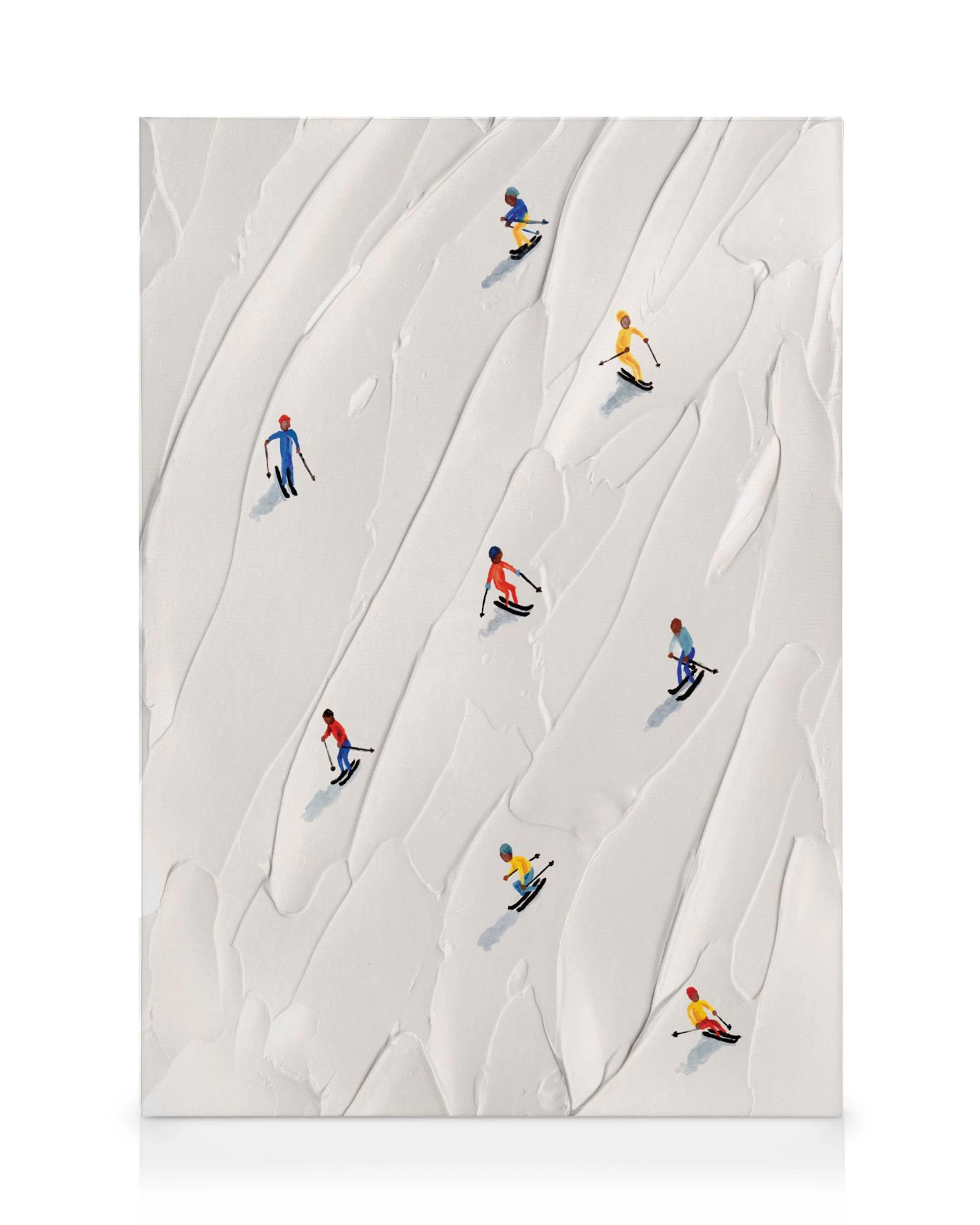 Stampa su tela con sciatori colorati su una pista di neve bianca testurizzata.