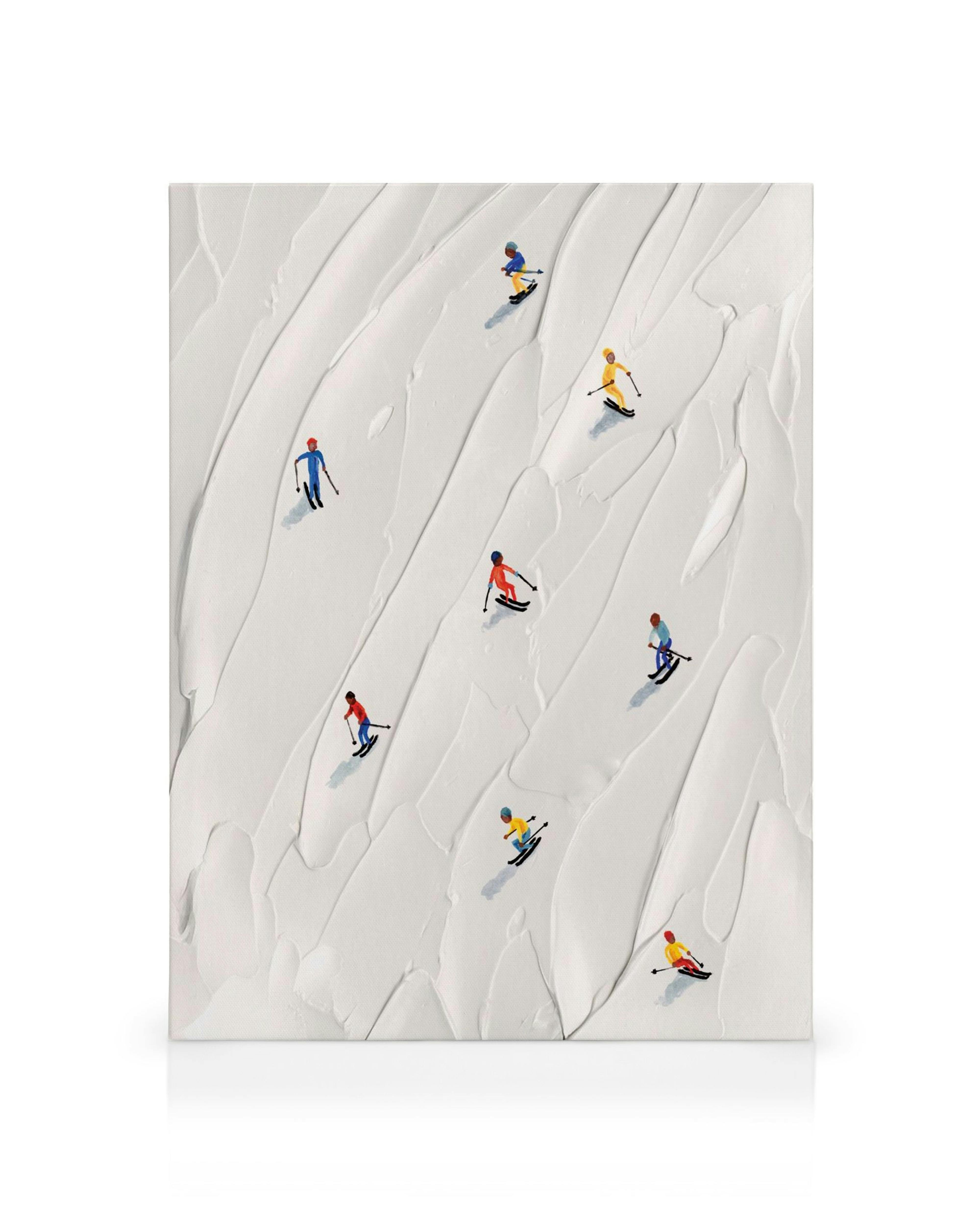 Kanvaasi, jossa on valkoista lunta ja useita pieniä, värikkäitä hiihtäjiä laskettelemassa. Taidekuva on kolmiulotteinen.