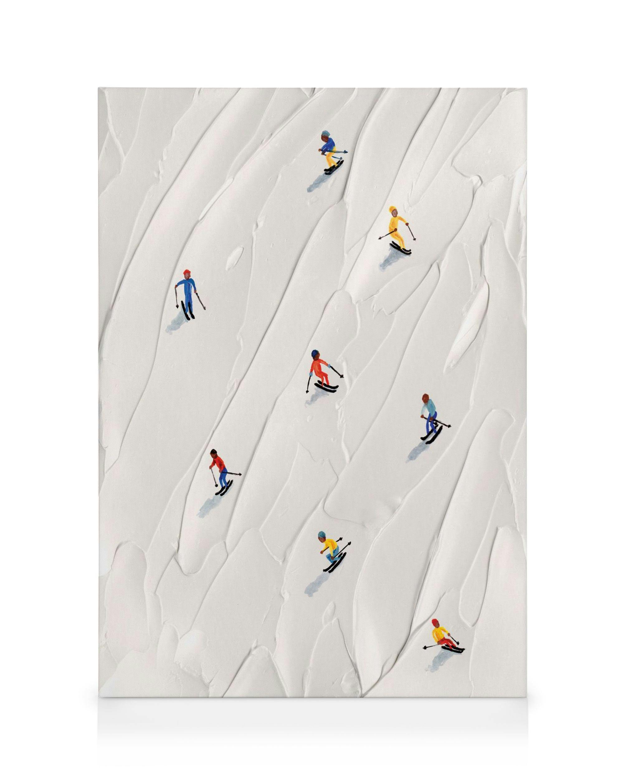 Stampa su tela con sciatori colorati su una pista di neve bianca testurizzata.