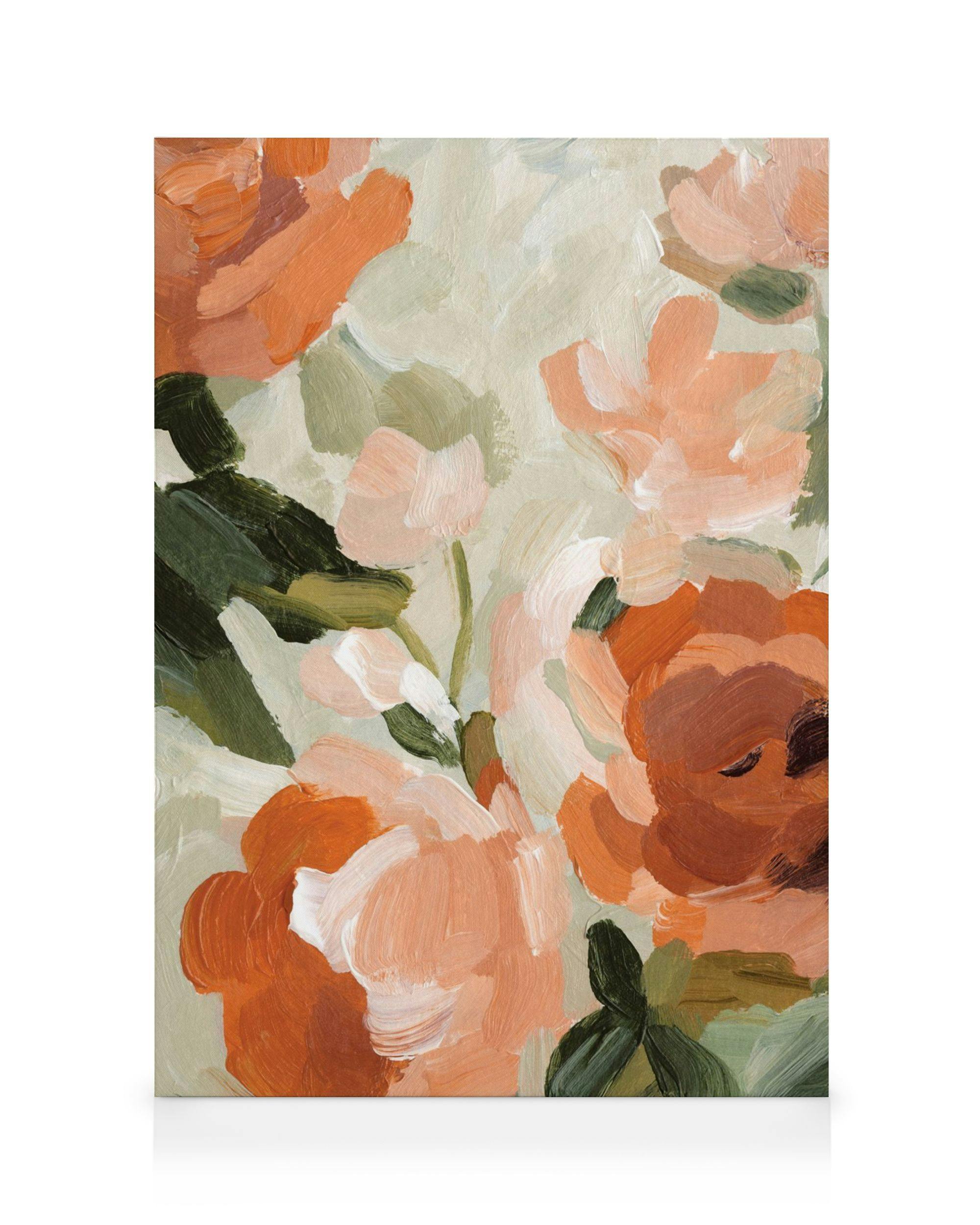 A canvas print featuring loose brushstrokes of peach, orange, and green floral shapes on a light background.