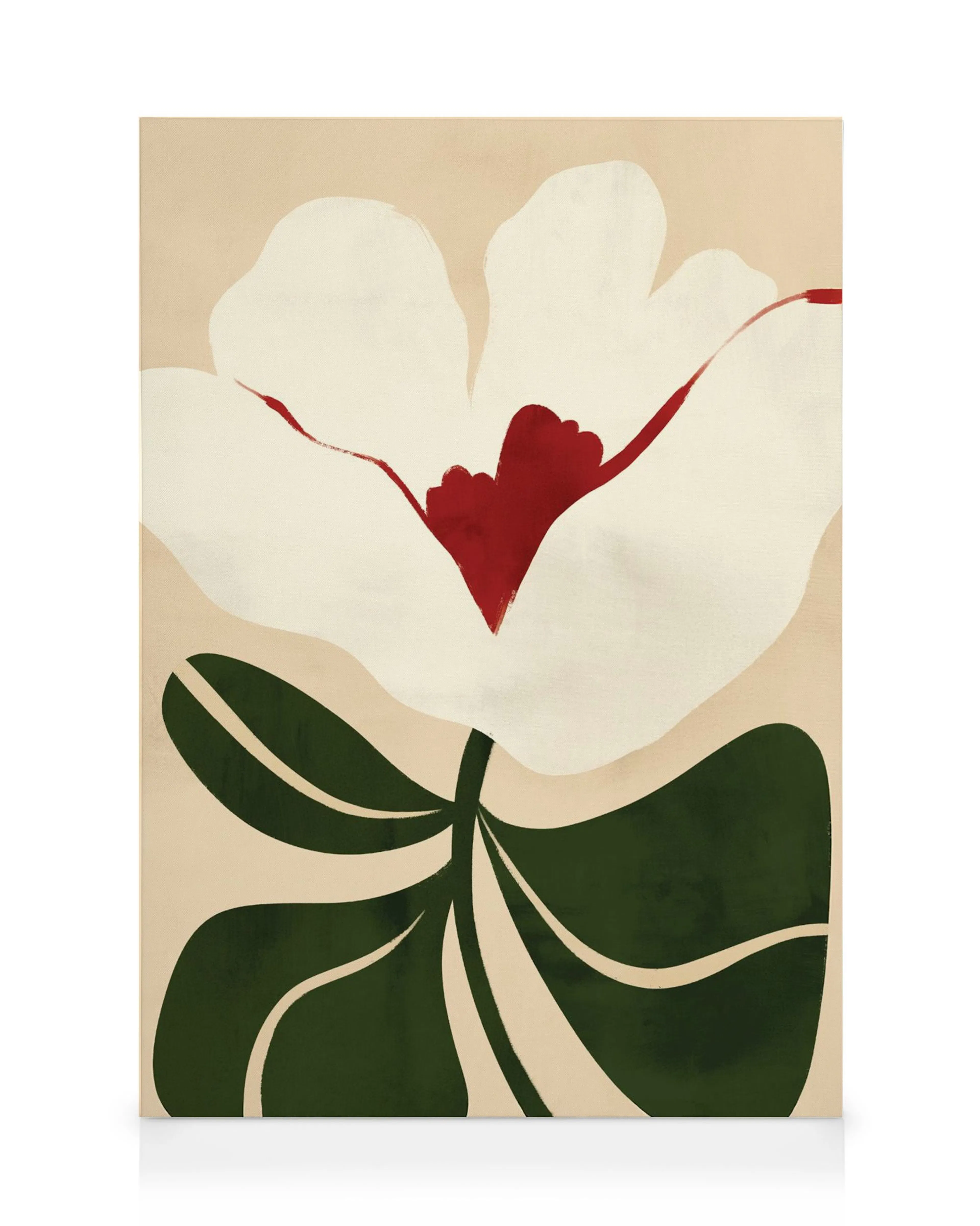 Et lærred med en stiliseret hvid blomst med rød midte og mørkegrønne blade på en beige baggrund.