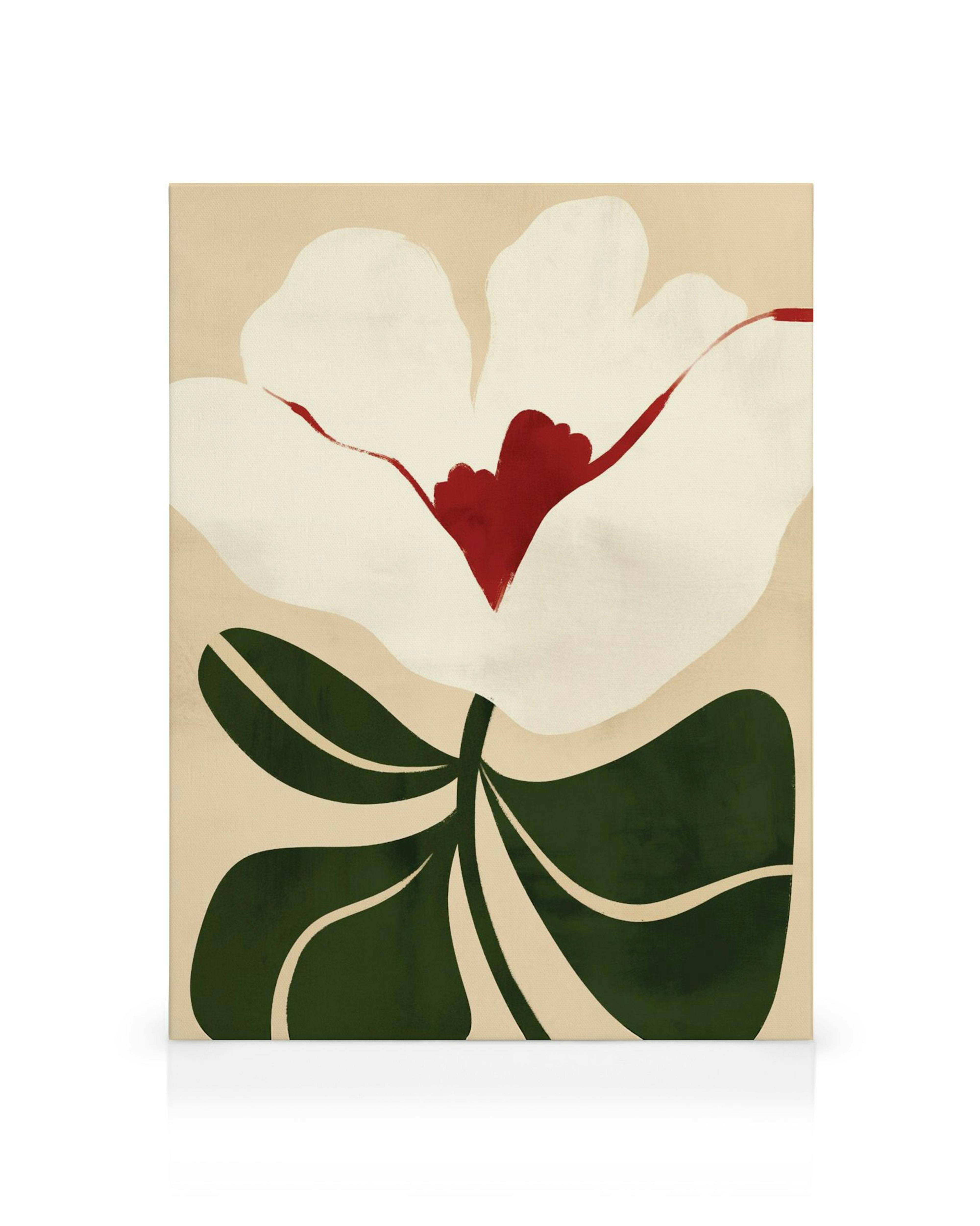 Obraz na płótnie przedstawiający beżowe tło z dużym, białym kwiatem o czerwonym środku i ciemnozielonymi liśćmi.