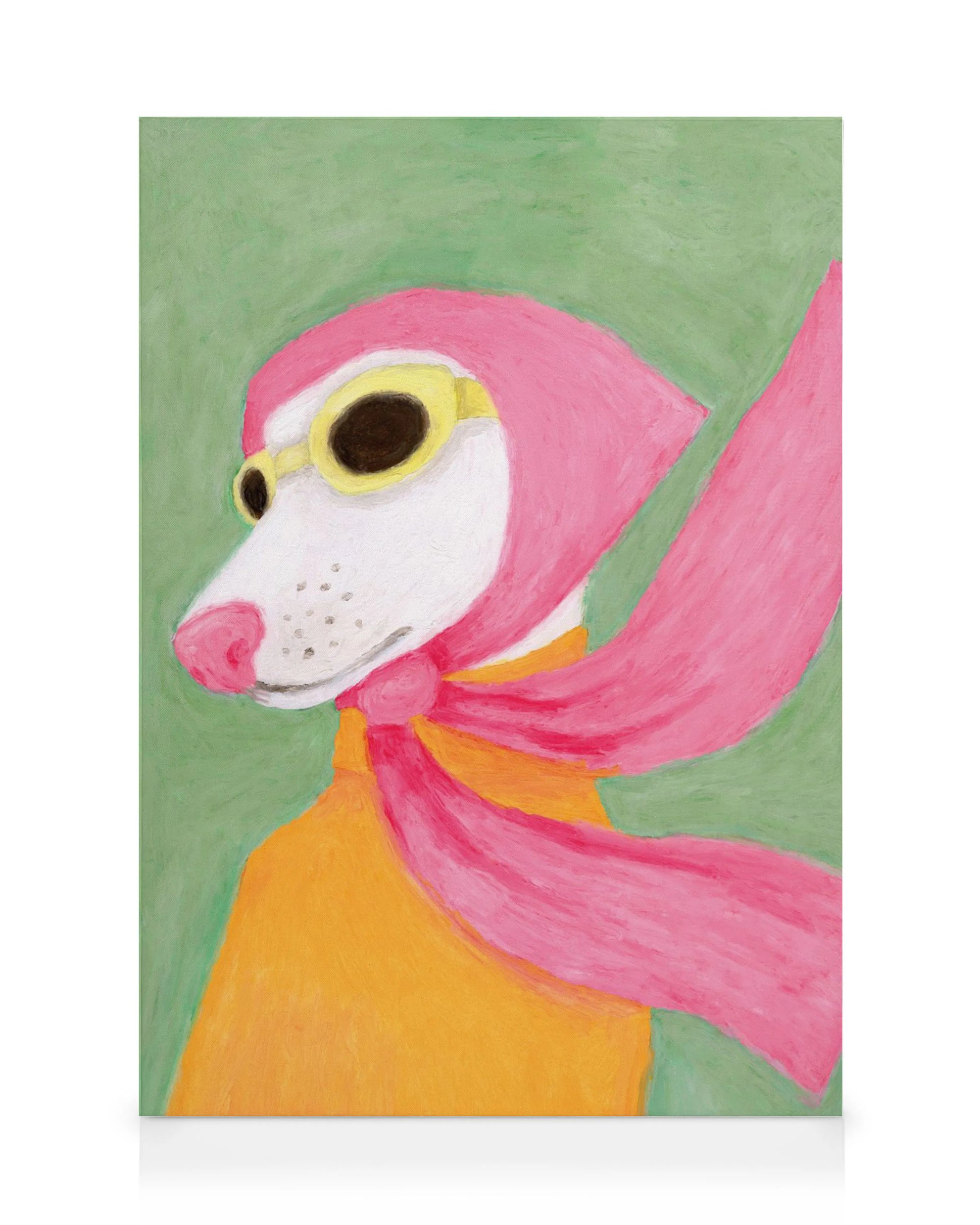 Stampa su tela di un cane bianco con occhiali da aviatore e foulard rosa, su sfondo verde.