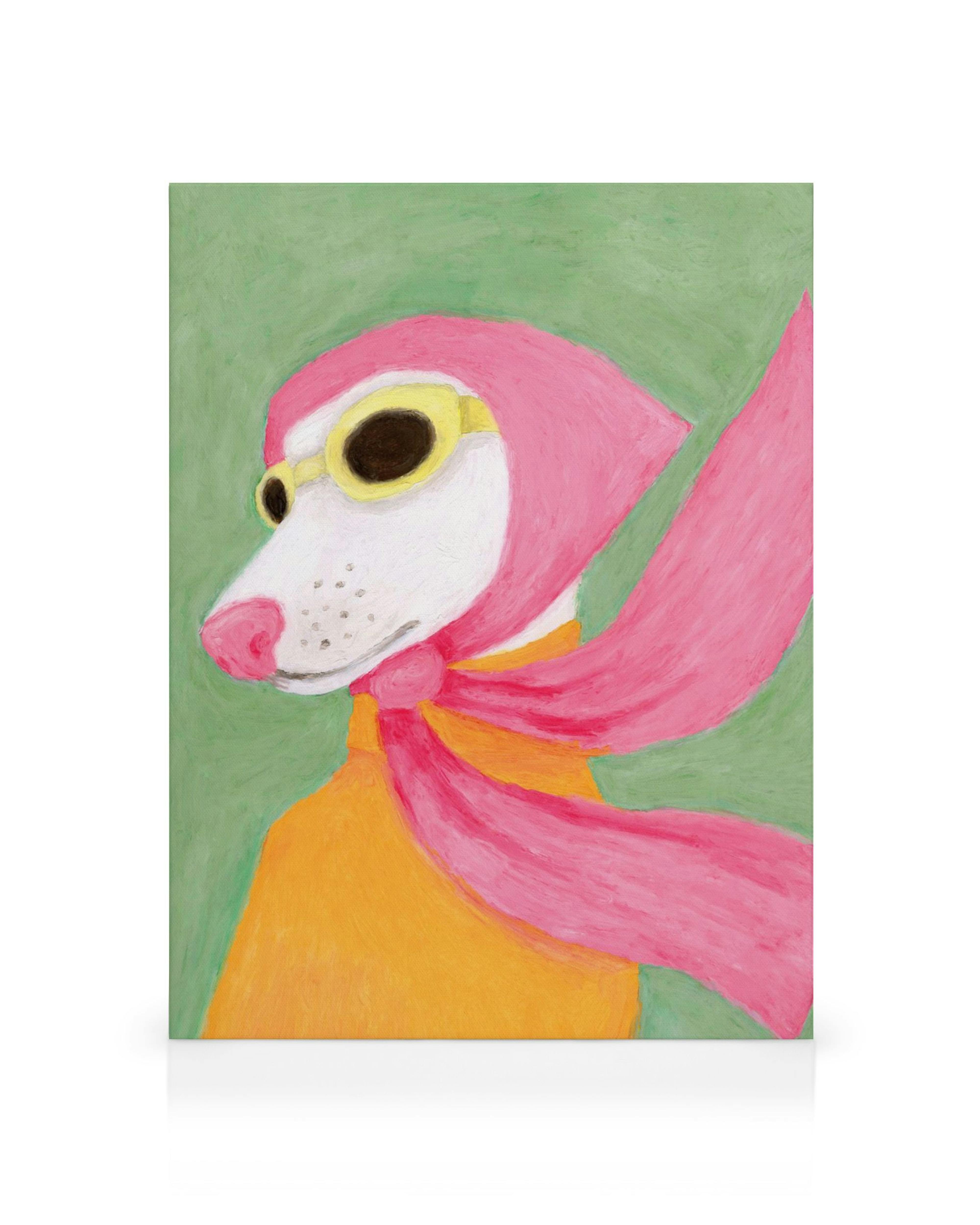 A canvas print featuring a white dog wearing a pink headscarf, yellow goggles, and an orange top against a green background.