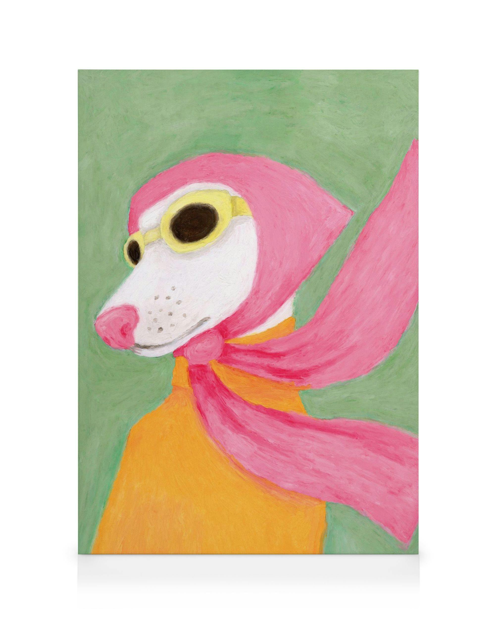 Toile dun chien blanc stylisé avec des lunettes de pilote jaunes, une écharpe rose et un pull orange.