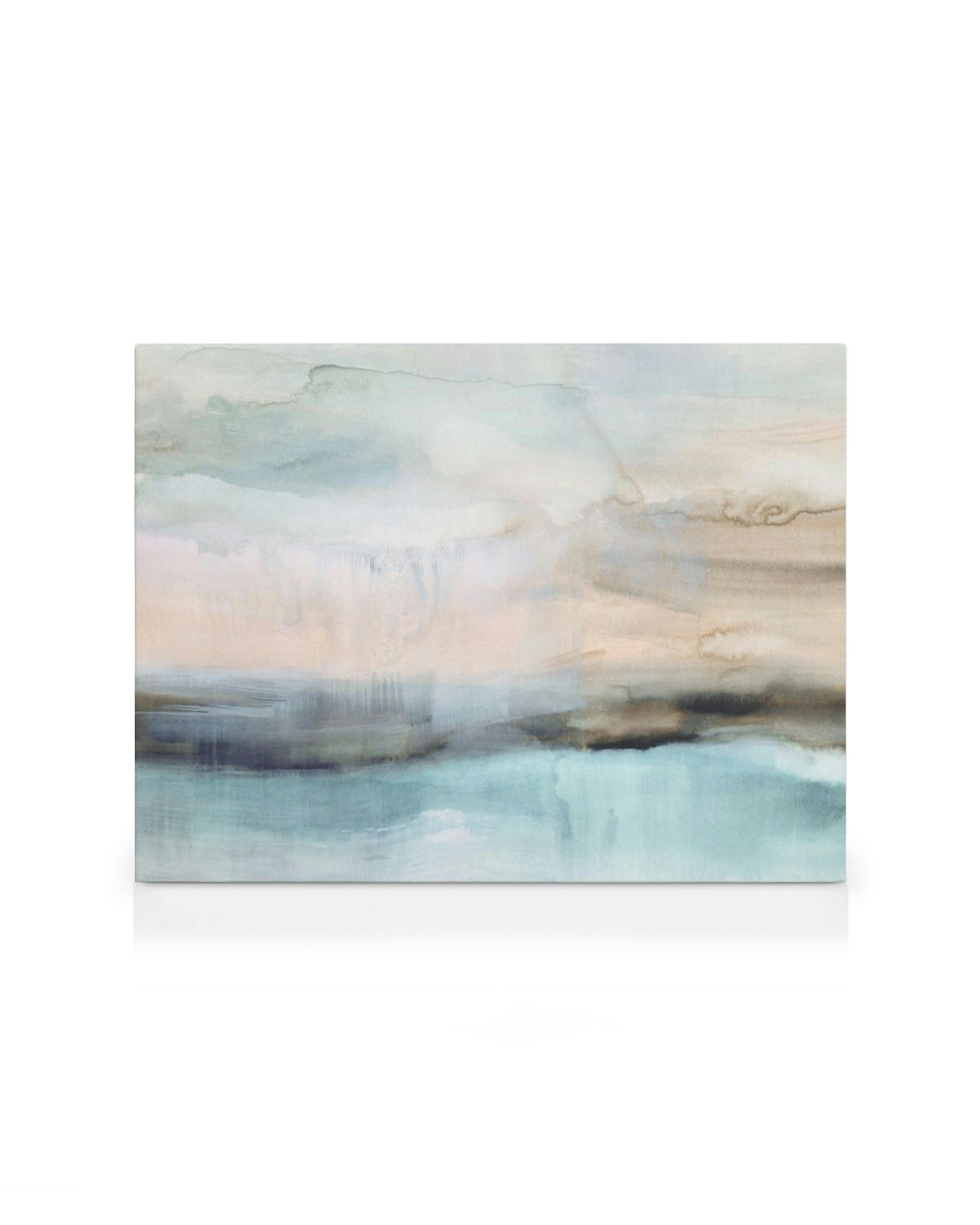 Aquarell-Leinwandbild Seascape mit sanften Blau-, Grün- und Brauntönen, die eine ruhige Meereslandschaft darstellen.