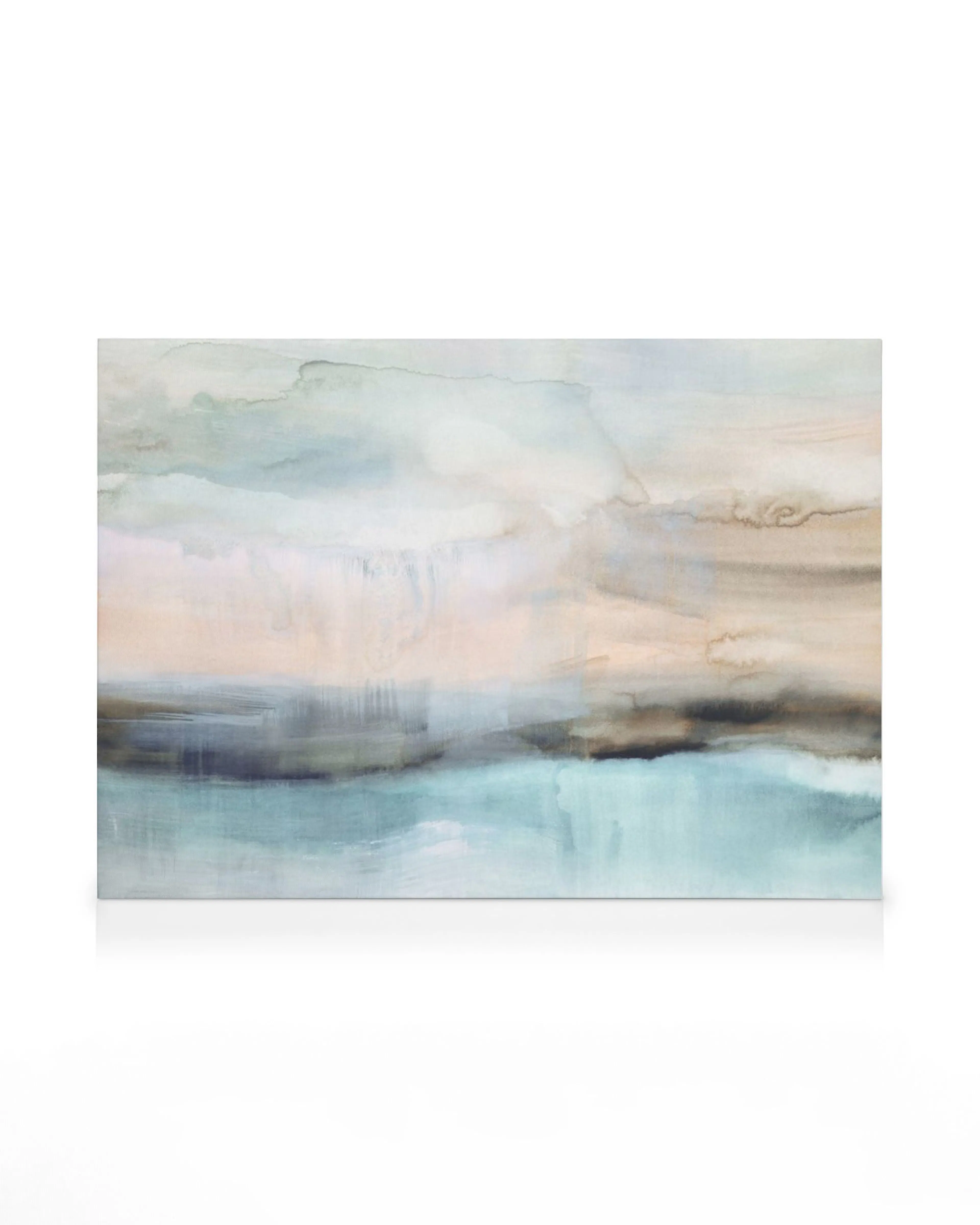 Toile abstraite dun paysage marin en aquarelle aux tons doux de bleu, beige et marron, idéale pour une décoration apaisante.