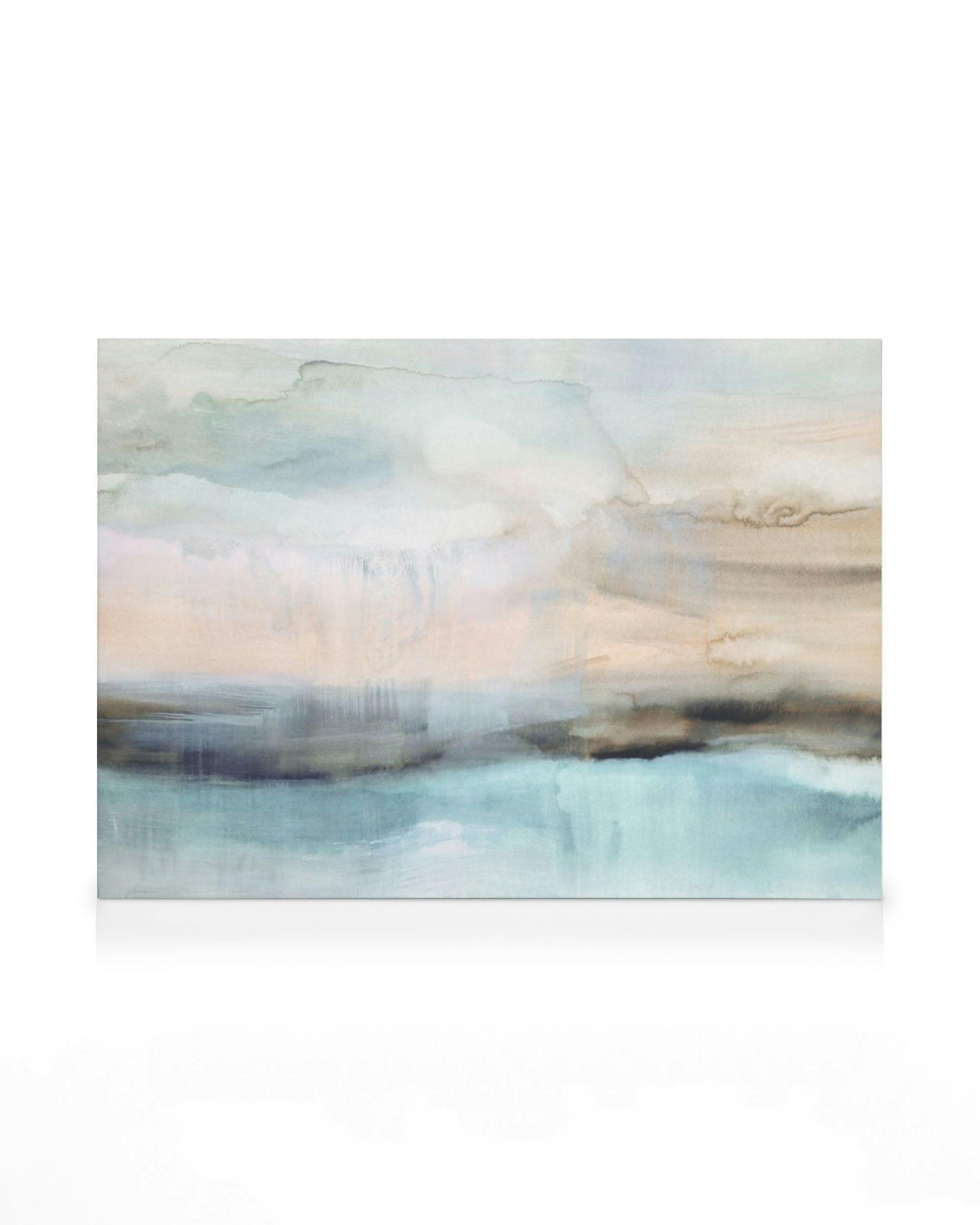 Aquarel zeelandschap canvas in zachte blauwe, beige en bruine tinten