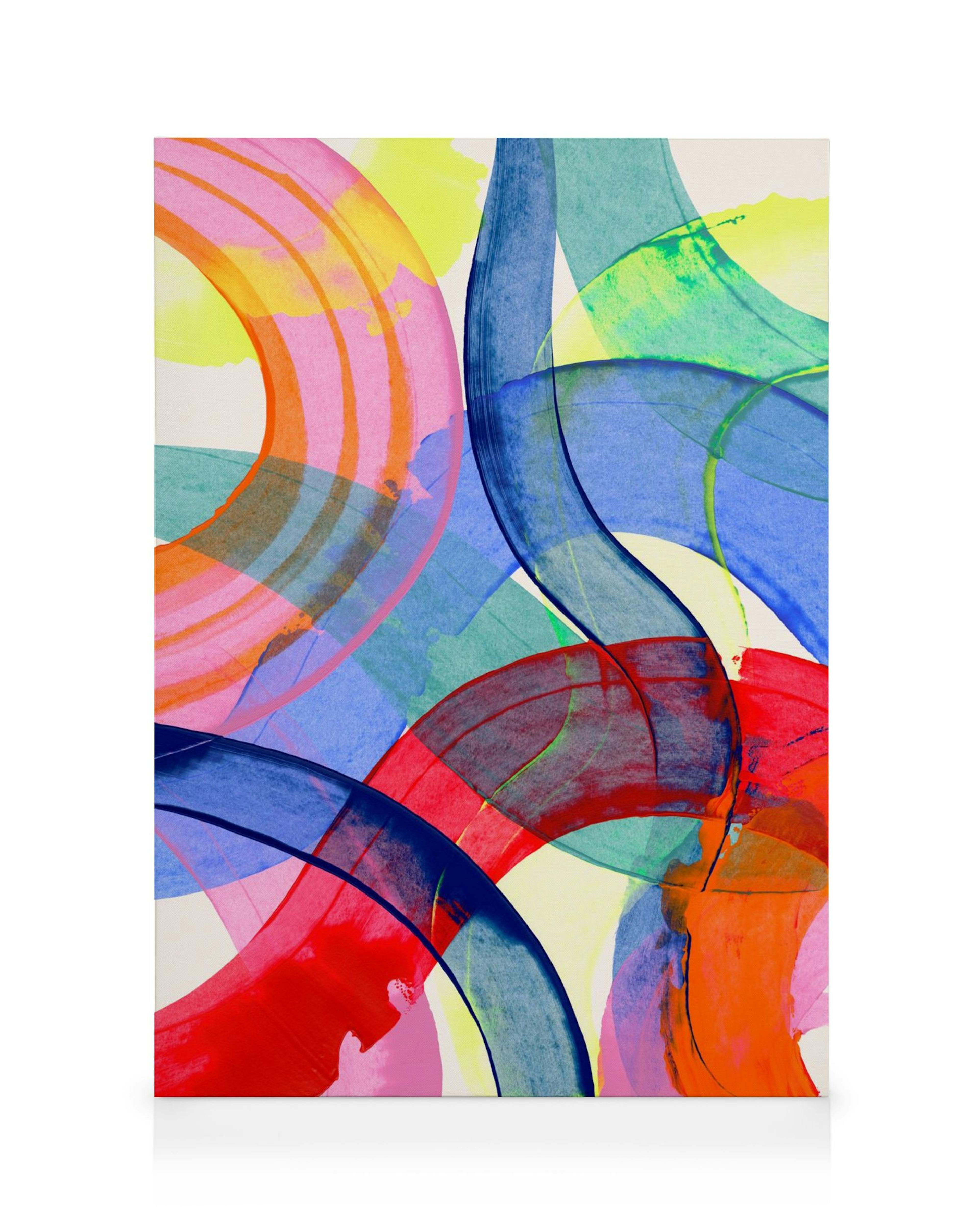 Abstrakt illustration med överlappande penseldrag i rött, blått, gult och grönt med akvarelltextur.