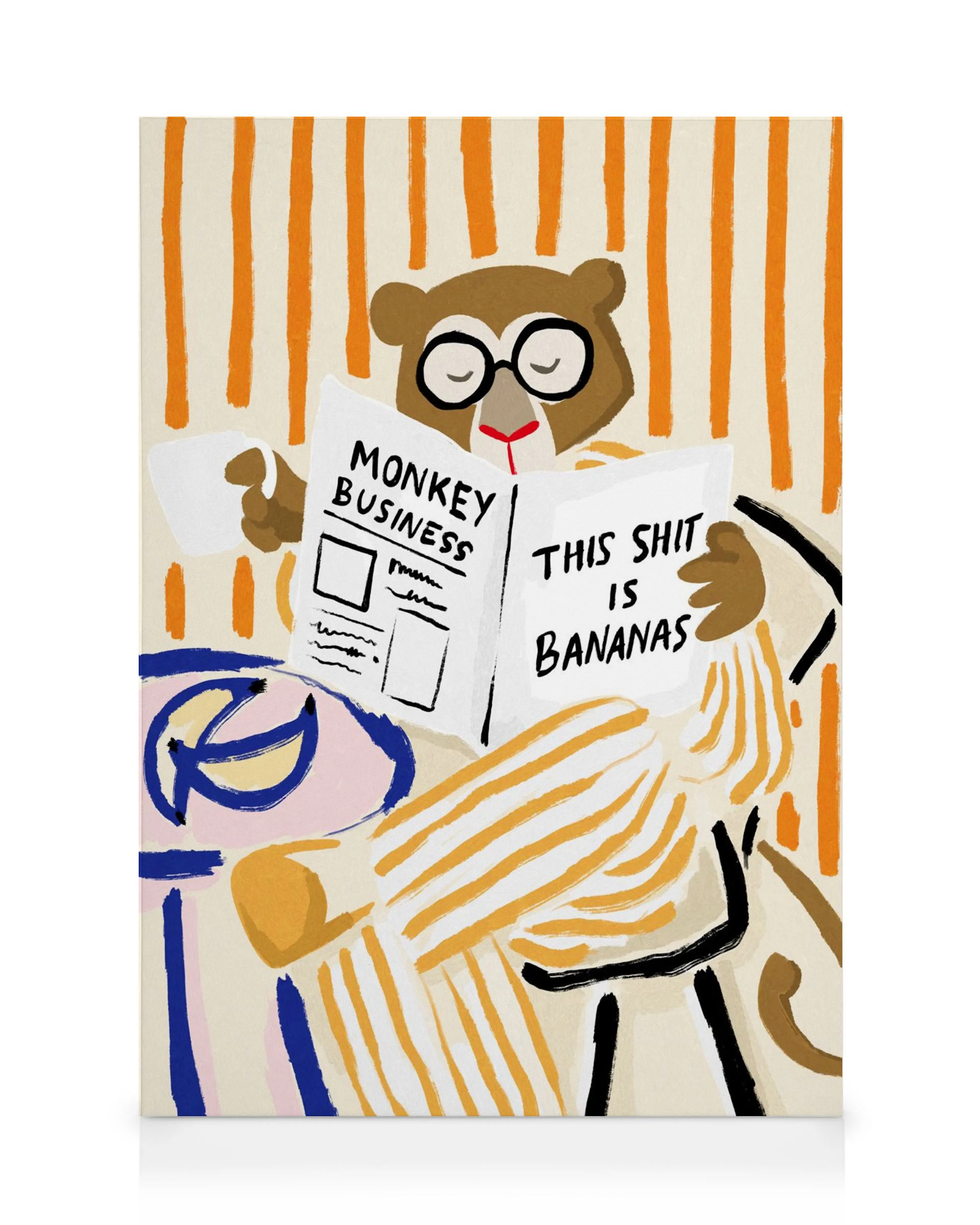 Mono de dibujos animados con gafas leyendo periódico Monkey Business en lienzo colorido