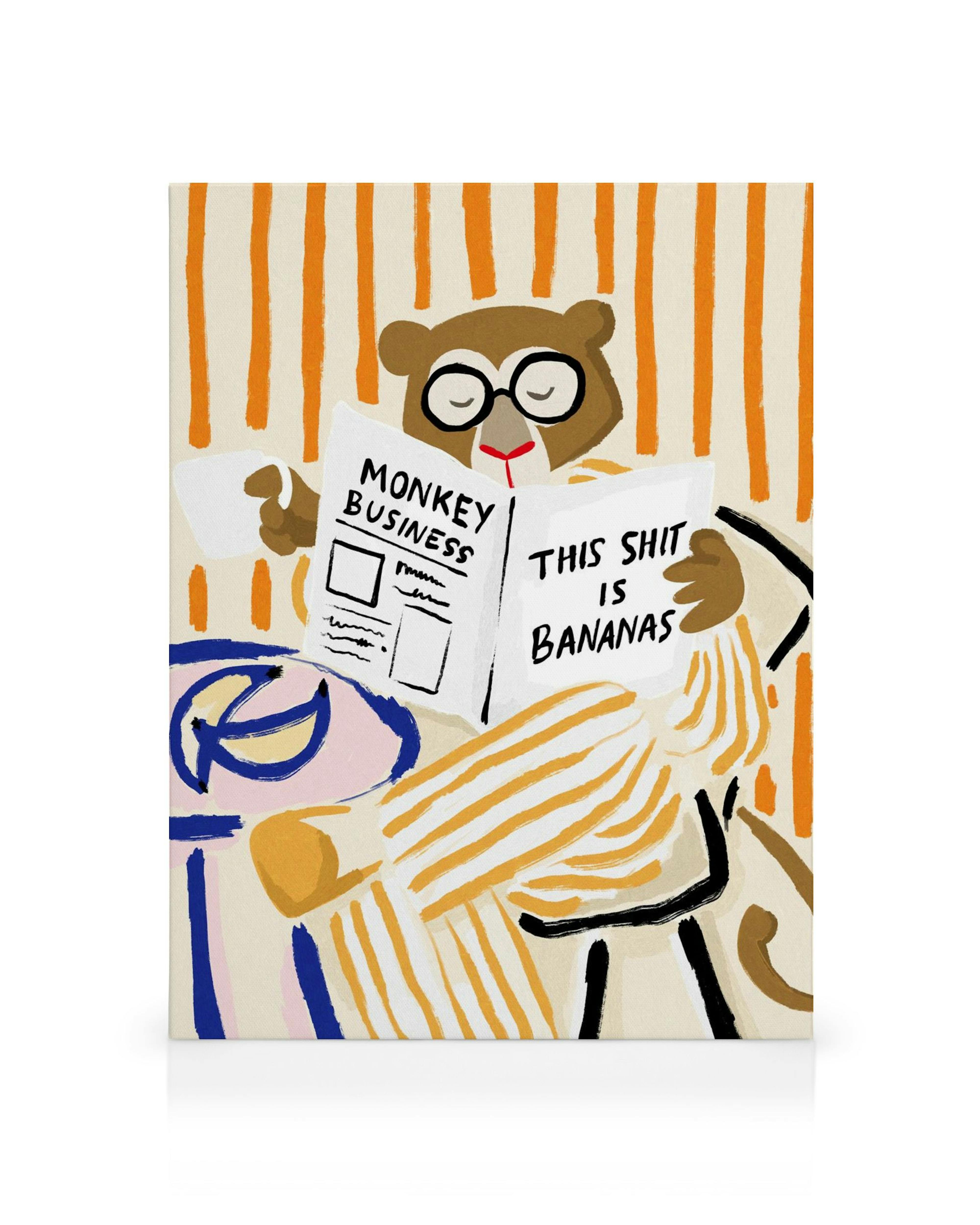 Toile humoristique dun singe de dessin animé avec des lunettes, lisant un journal intitulé Monkey Business