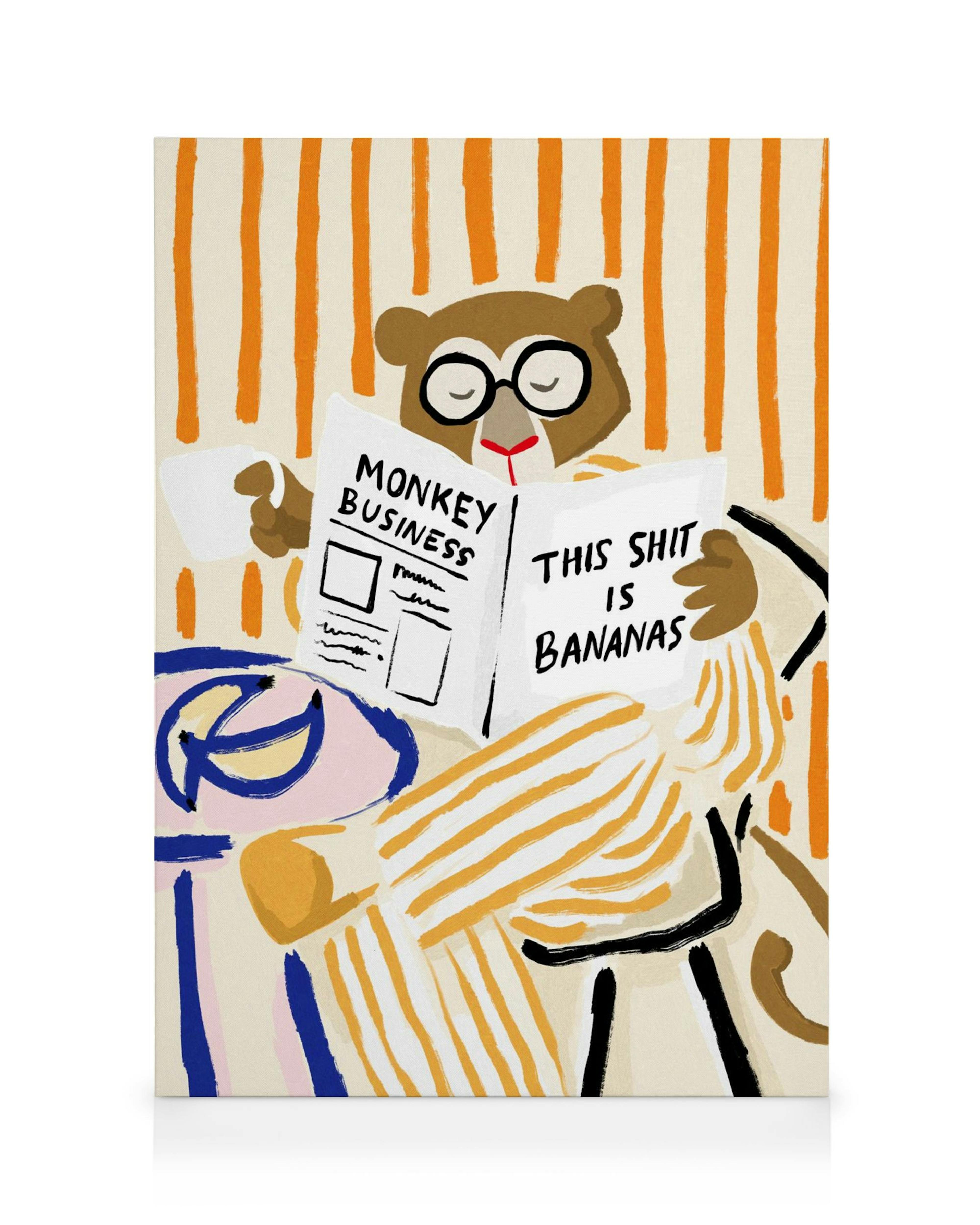 Färgstark canvastavla med tecknad apa i glasögon som läser tidning. Gulrandig bakgrund, lekfull väggkonst.