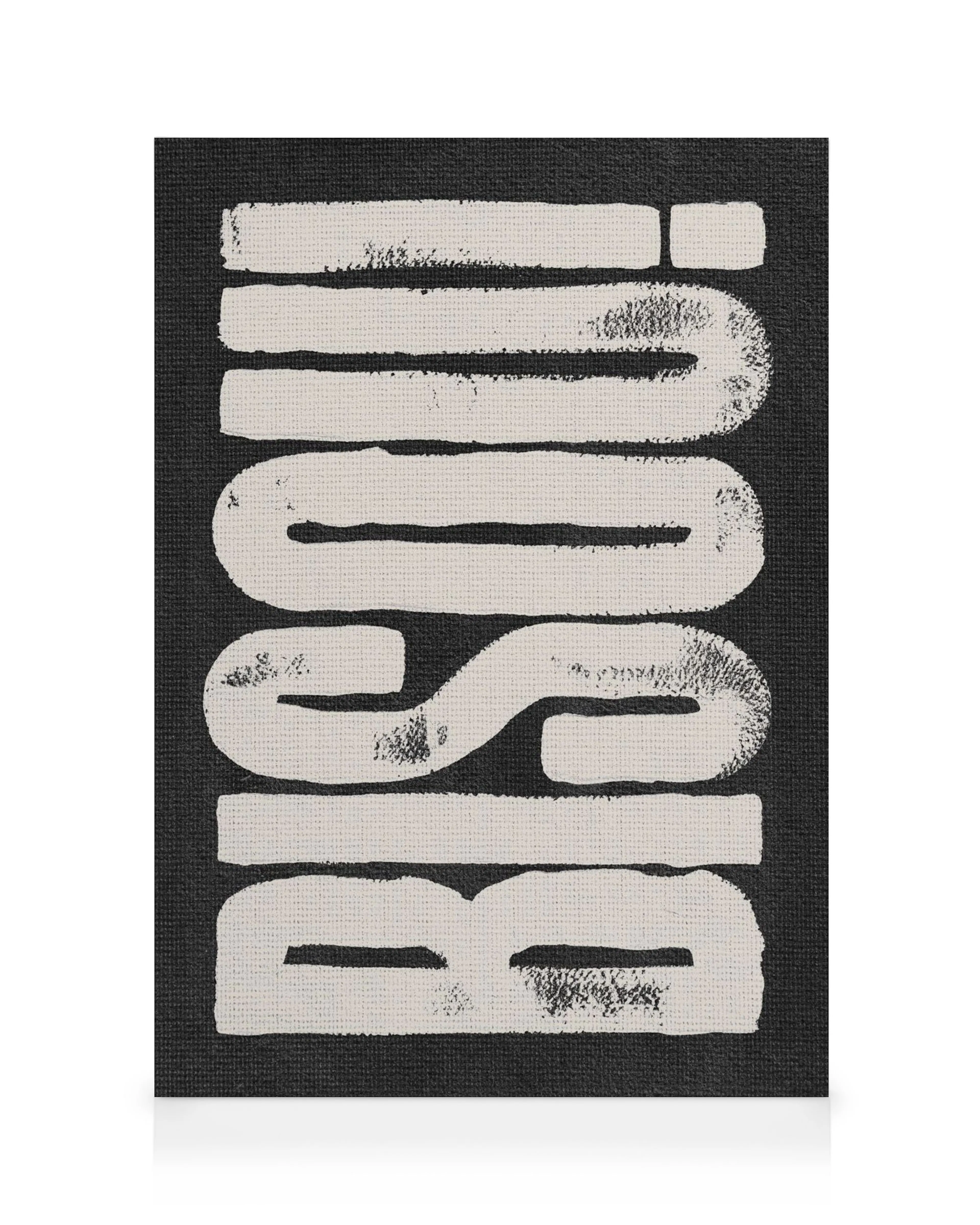 Lienzo abstracto Bisou! con pinceladas blancas rugosas sobre fondo negro, arte de galería moderna