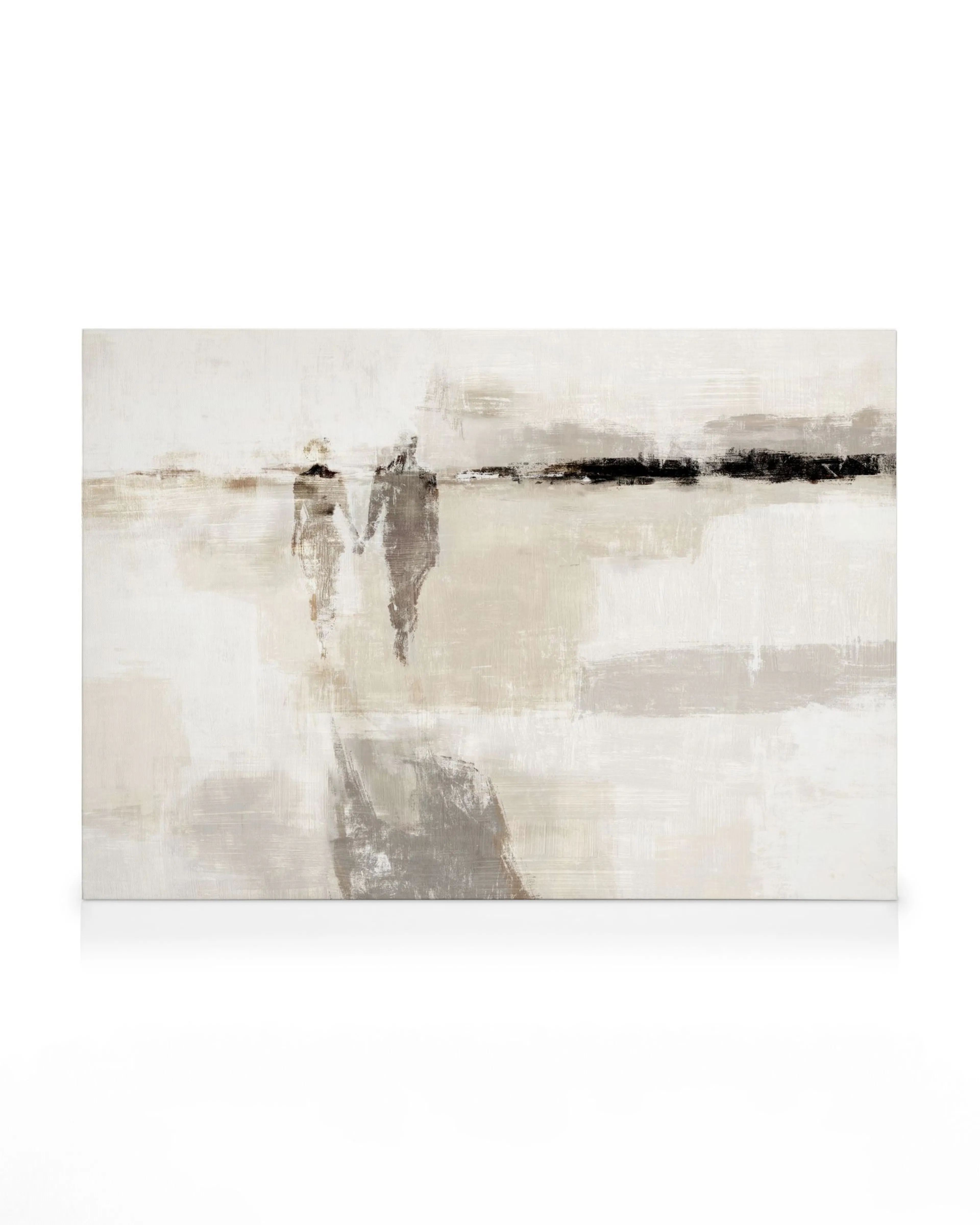 Stampa su tela astratta con due persone che si tengono per mano, tonalità bianco, beige, nero e grigio.