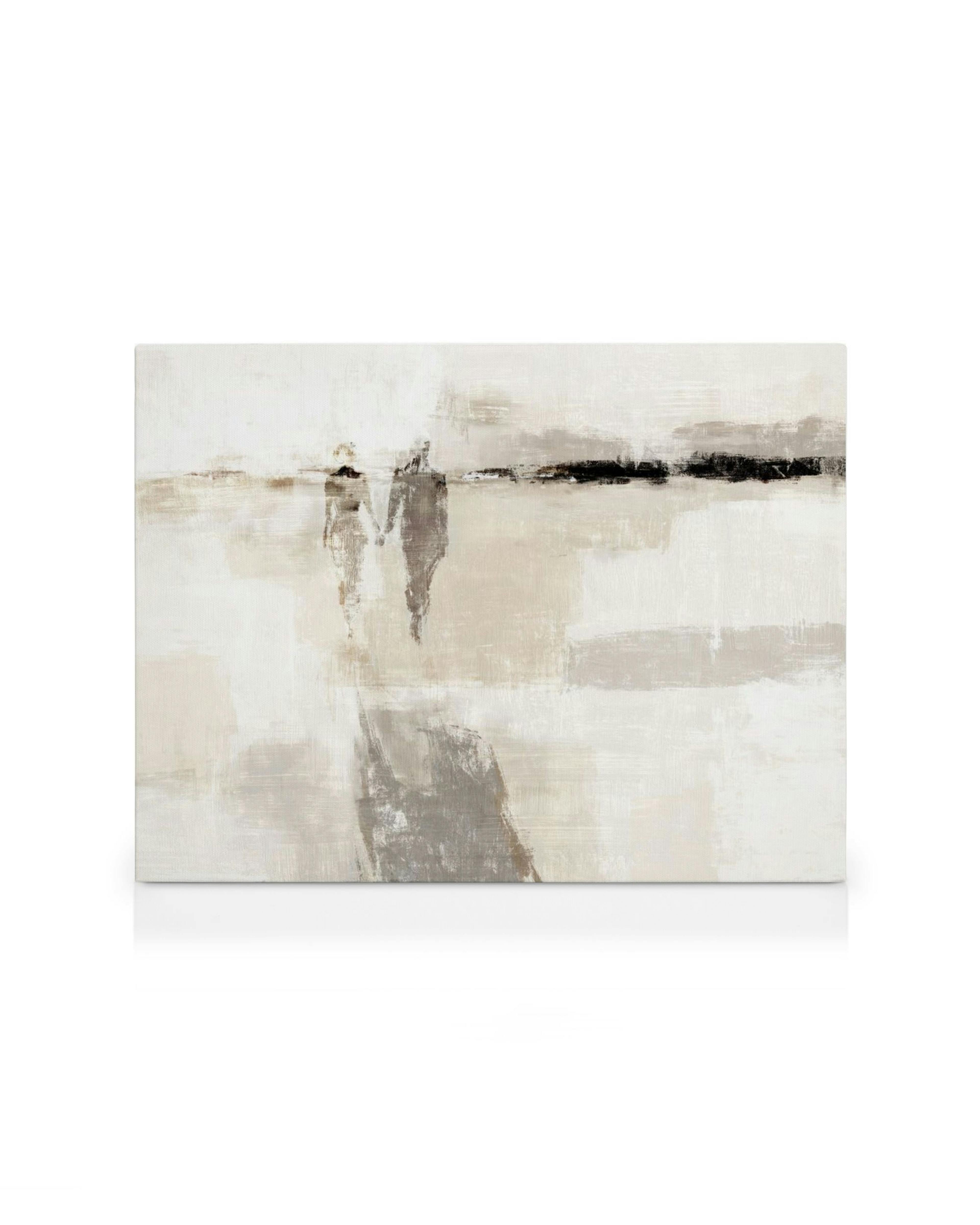 Abstract canvas print of two figures walking, holding hands, with textured white, beige, grey, and black strokes.