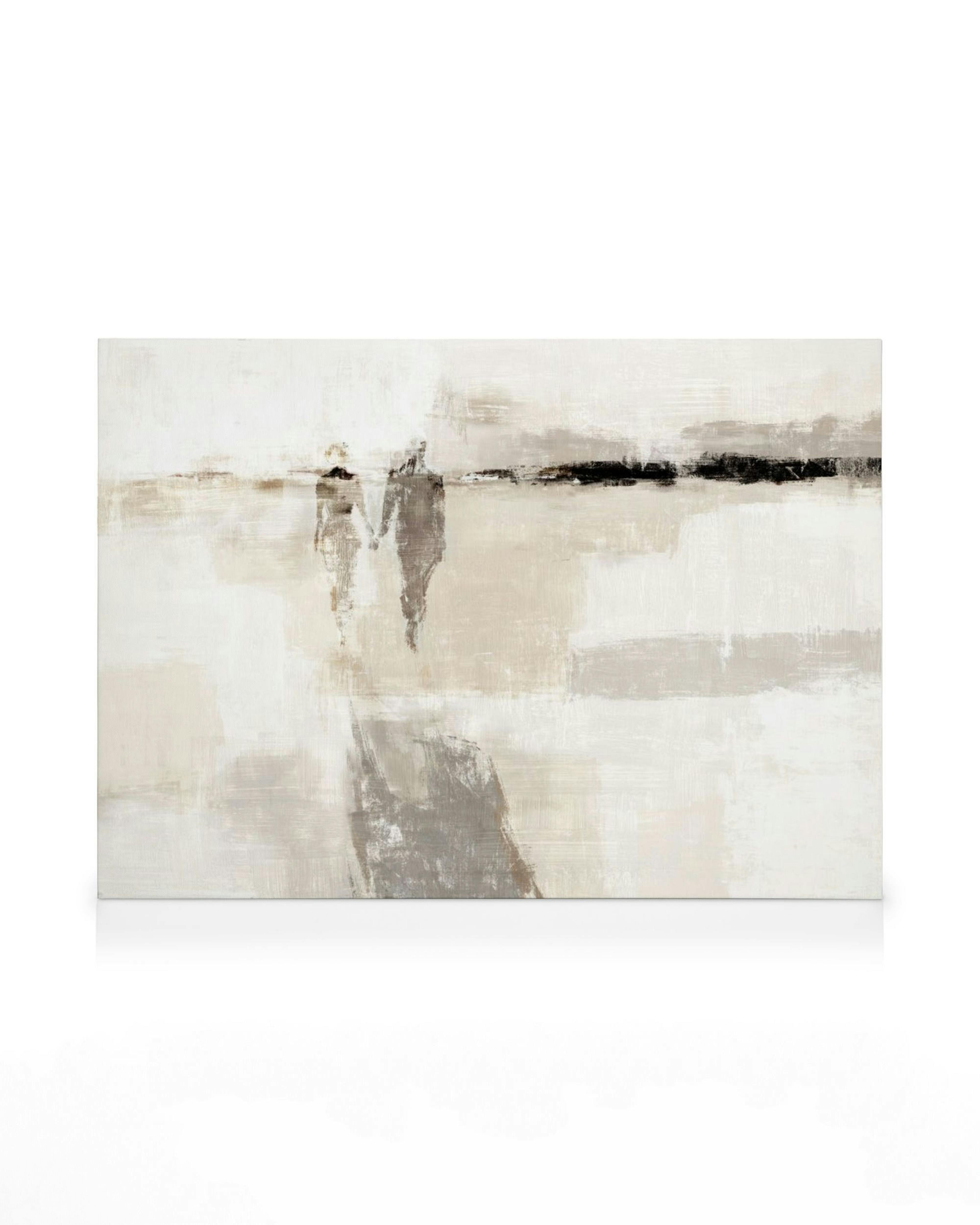 Leinwandbild: Abstraktes Paar, Hand in Hand gehend, in cremigem Beige, Grau und Schwarz, mit horizontalen Pinselstrichen