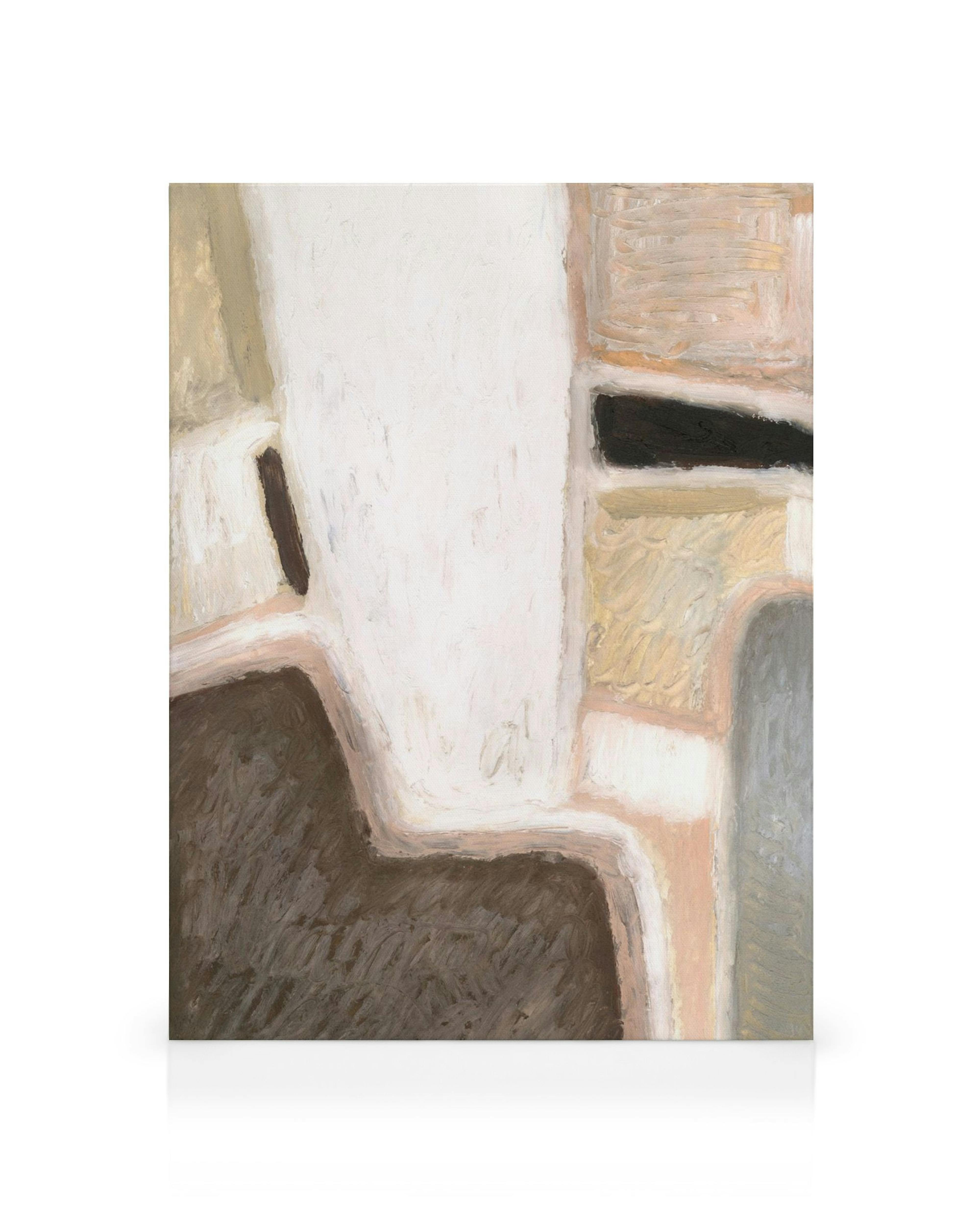 Leinwandbild mit überlappenden, organischen Formen in sanften Beige- und Brauntönen, die ein ruhiges, modernes Design schaffen.