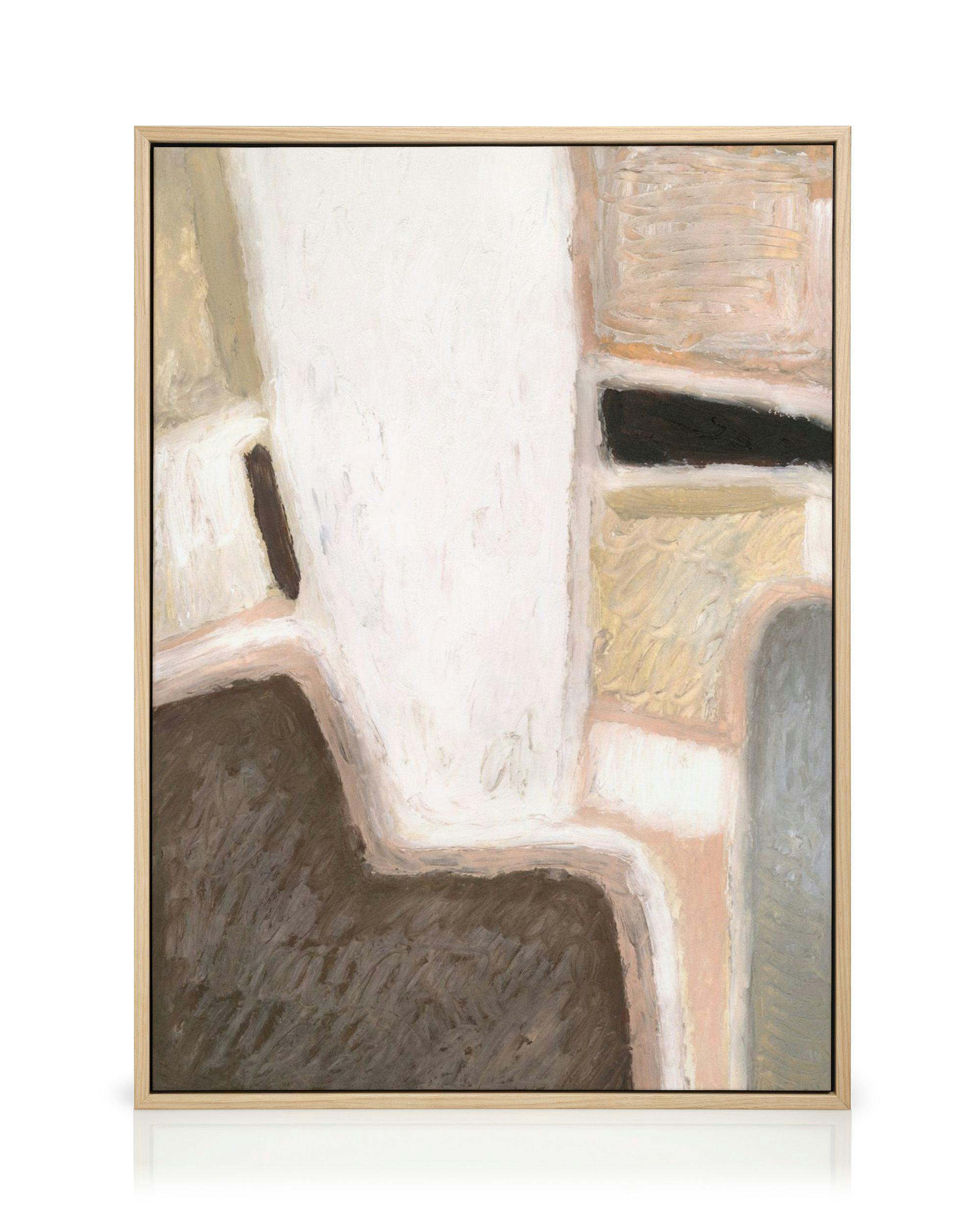 Abstrakt målning av former i brunt och beige. Handmålad, unik väggkonst för tavelväggen.