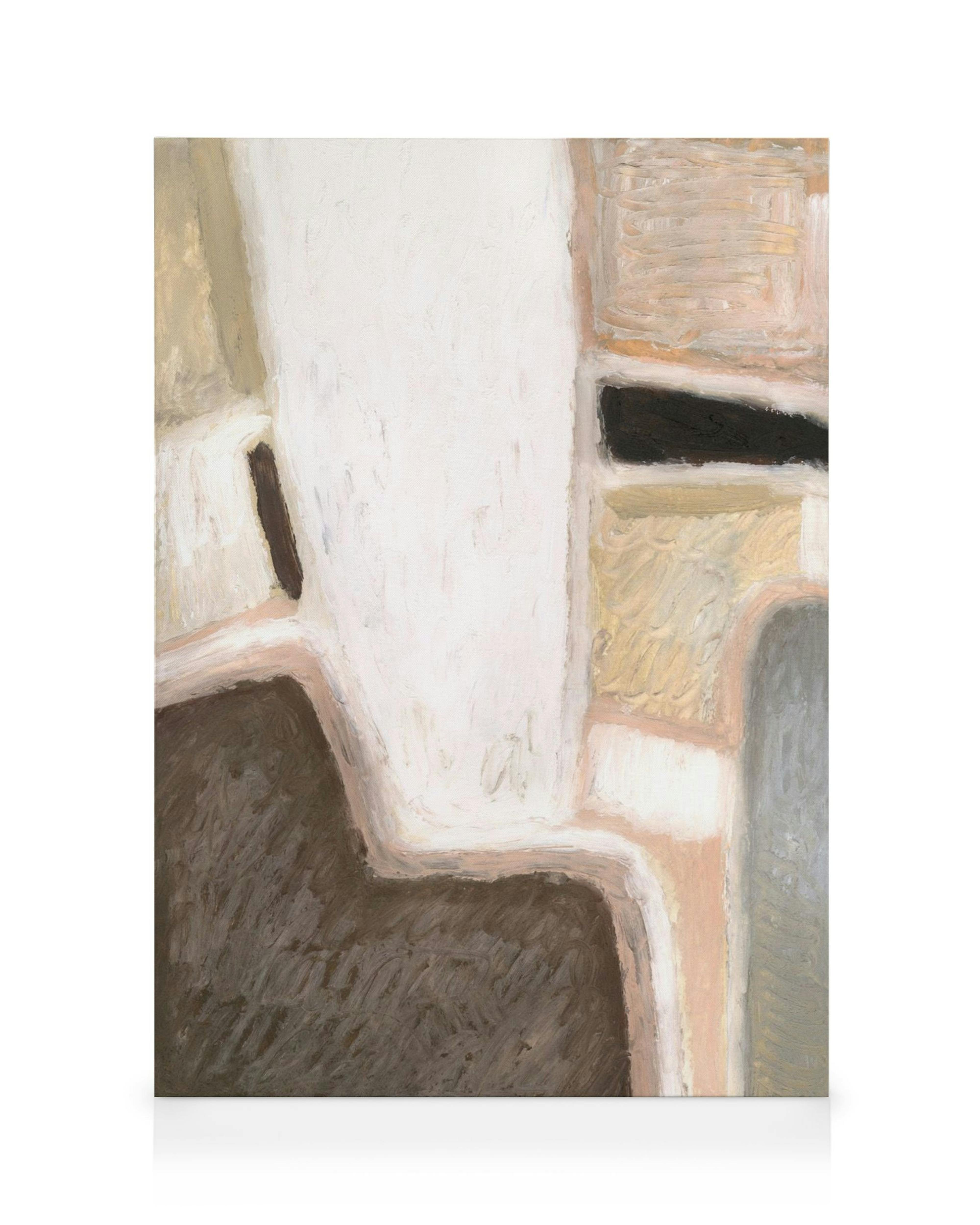 Abstrakt målning av former i brunt och beige. Handmålad, unik väggkonst för tavelväggen.