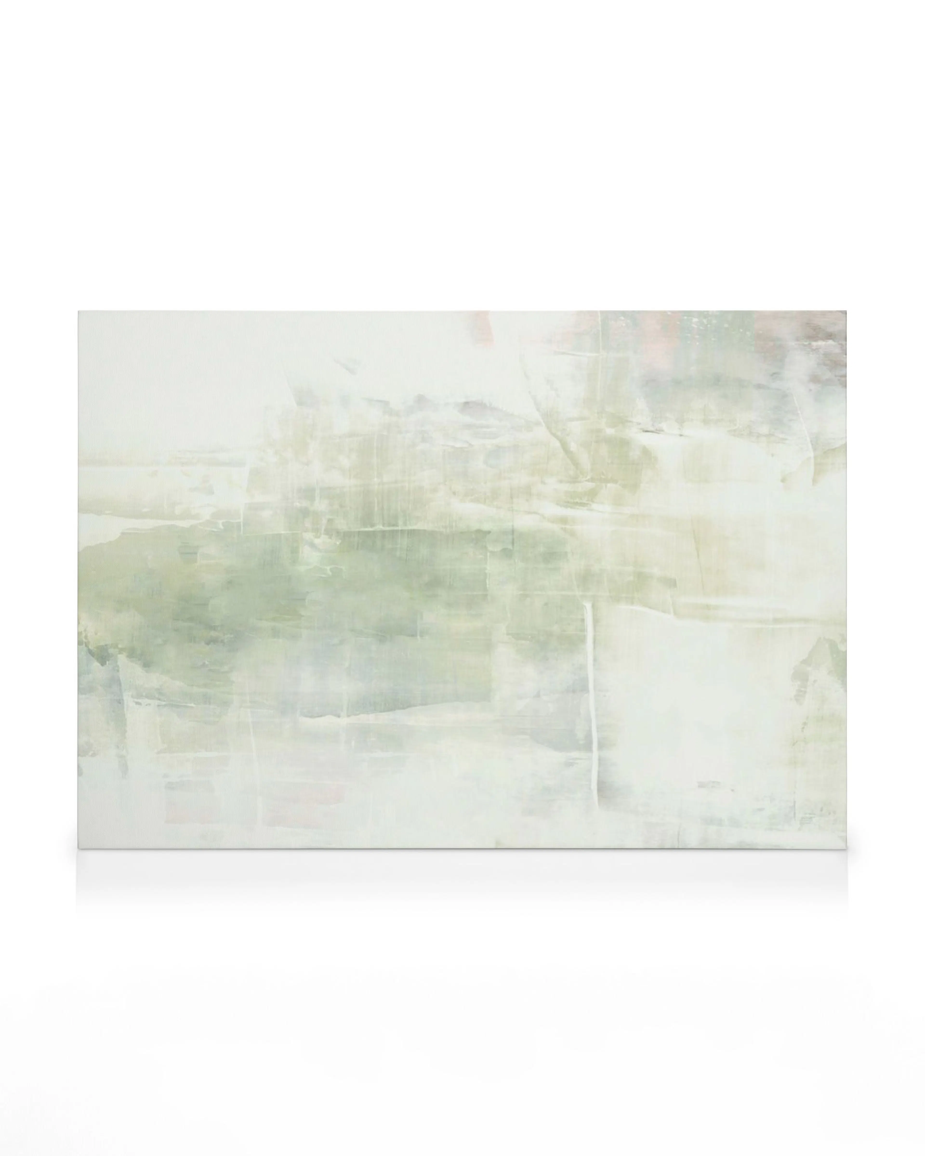 Green abstract painting canvas print featuring light green and off-white tones with brushstroke textures.