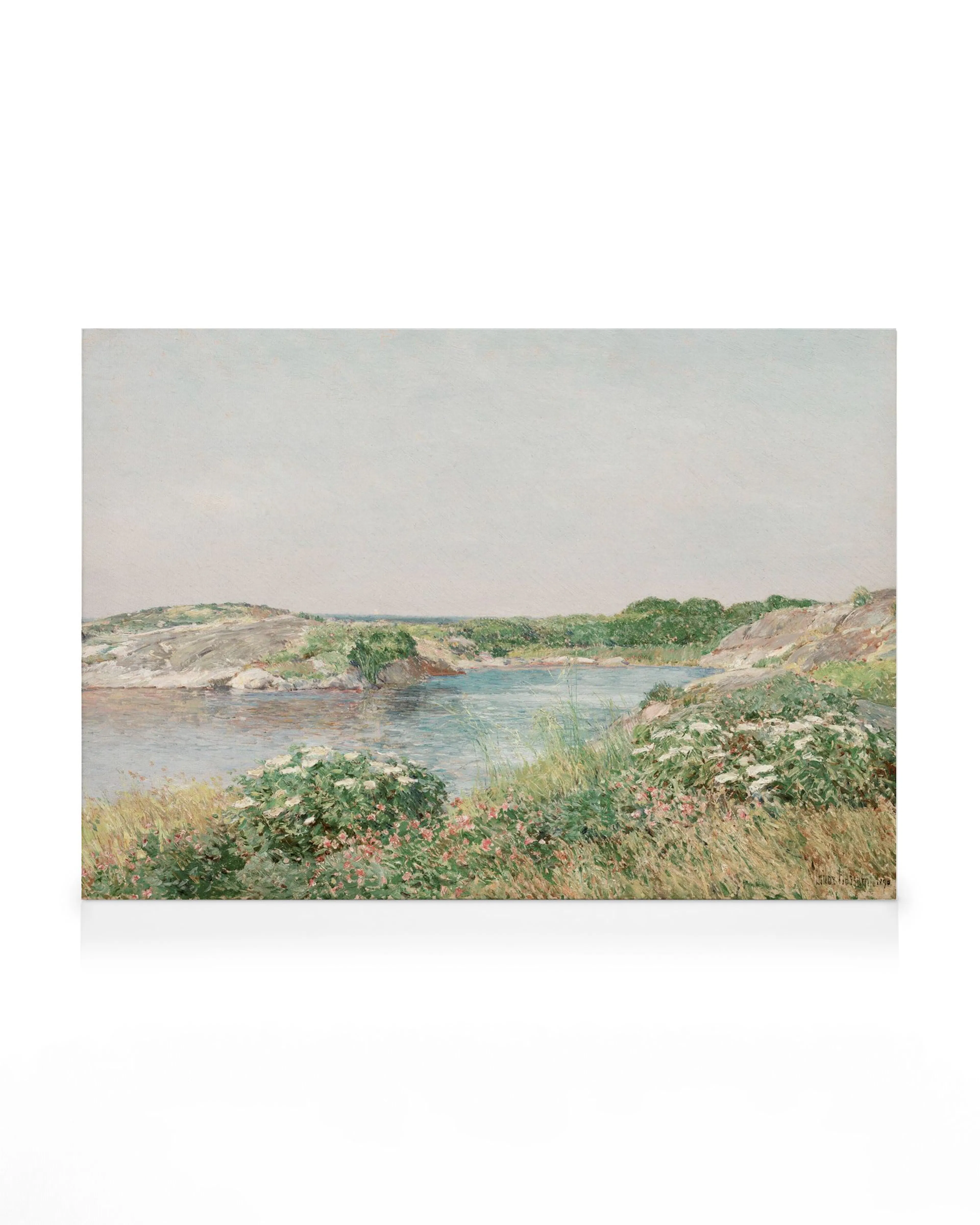 Frederick Childe Hassam landscape painting of Appledore Island with a pond, rocky shores, and lush green vegetation.