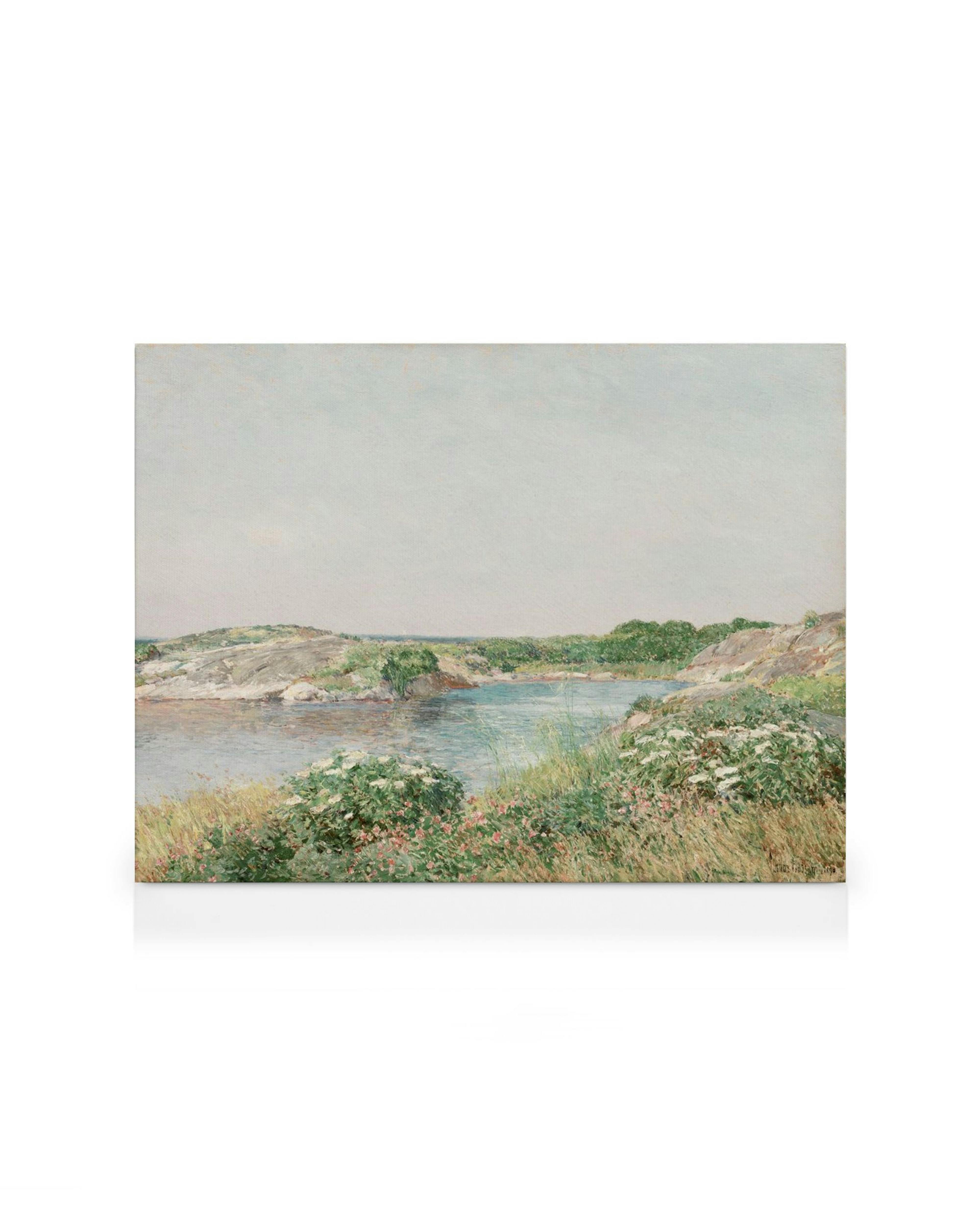 Toile de Frederick Childe Hassam, Le Petit Étang Appledore, montrant un paysage avec étang, rochers, buissons verts et fleurs ro