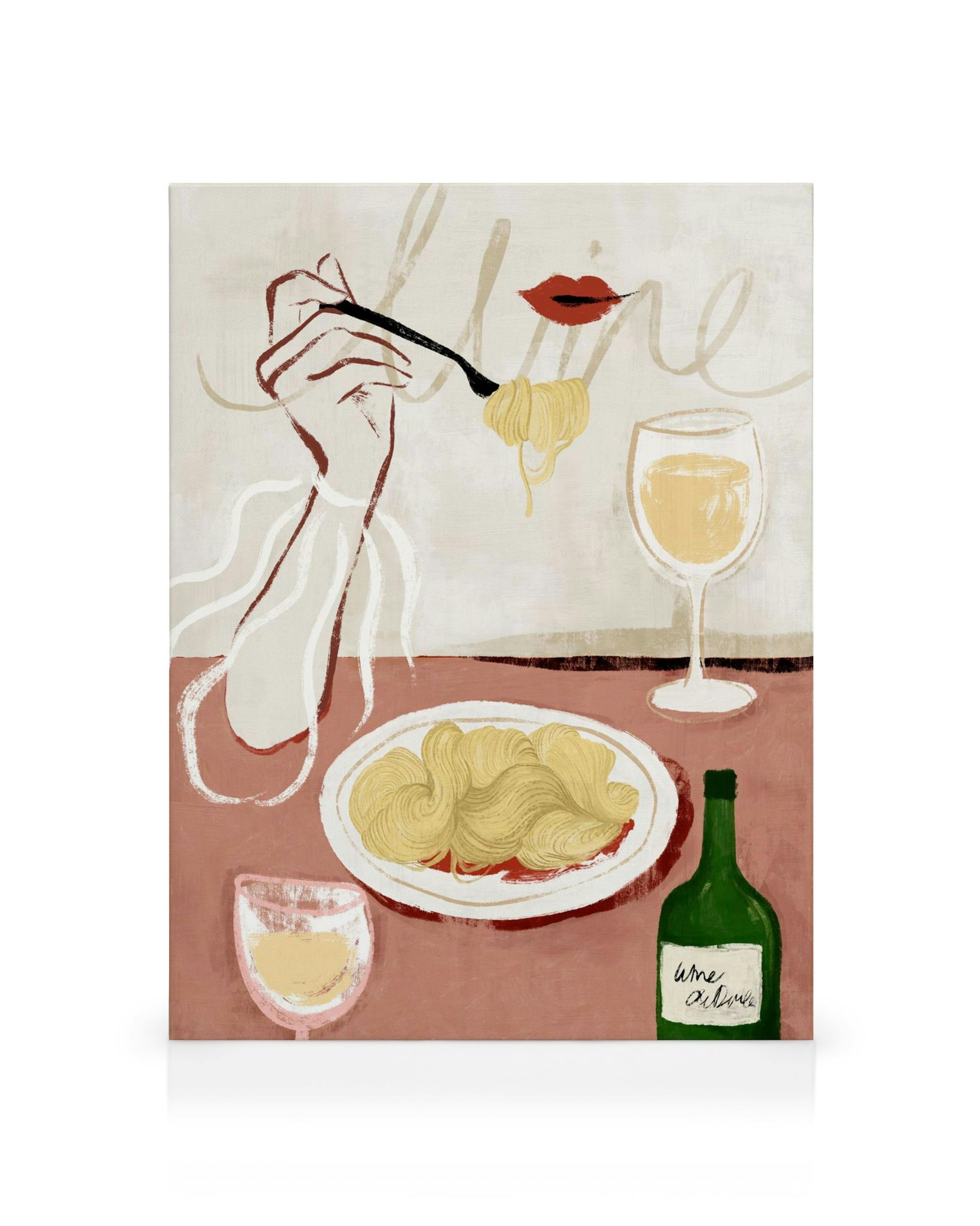 Abstract art of a hand holding pasta with a fork, red lips, wine glasses, and a wine bottle on a canvas.