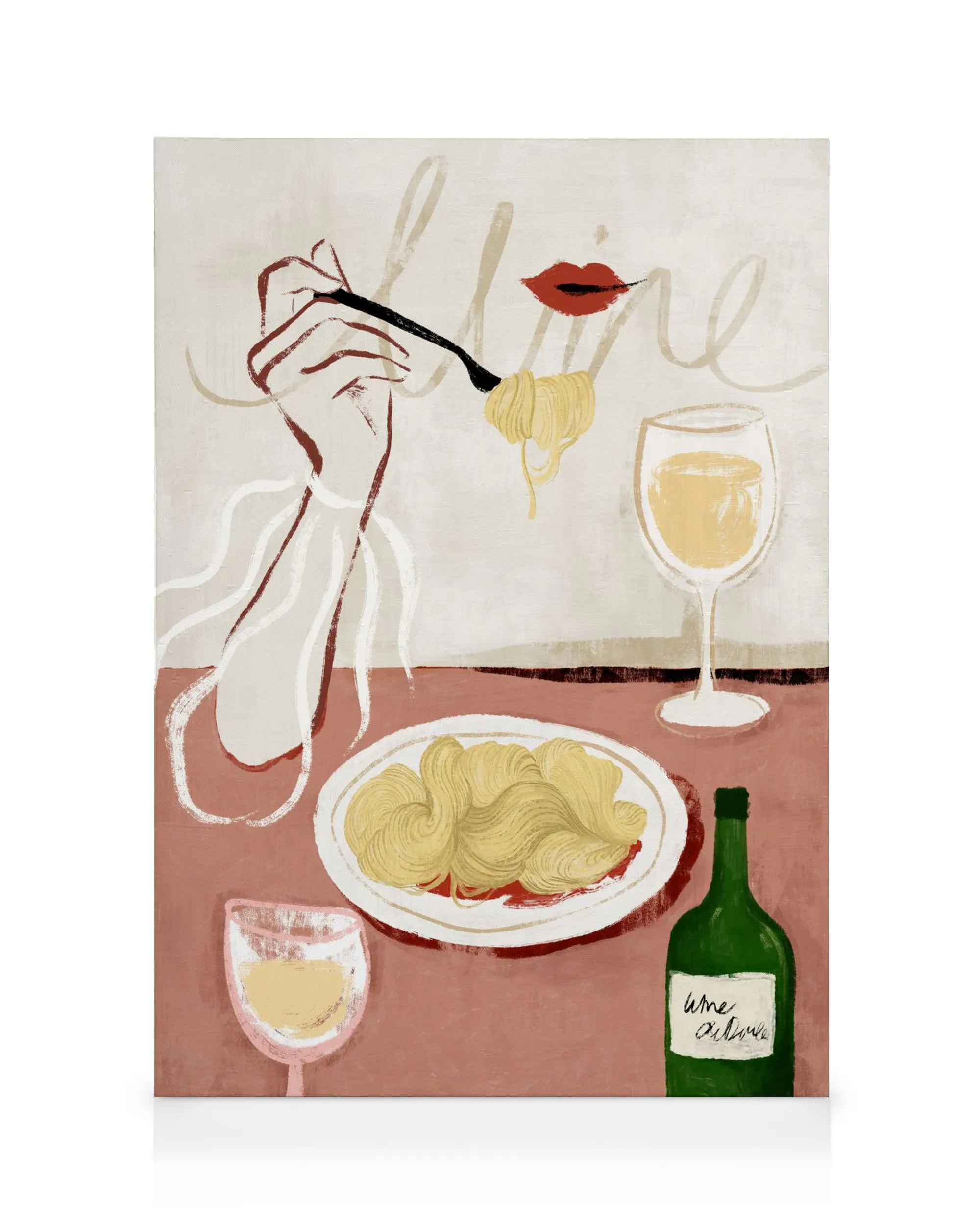 Canvas met gele spaghetti, rode lippen, witte wijn en groene fles, perfect voor keuken of eetkamer.