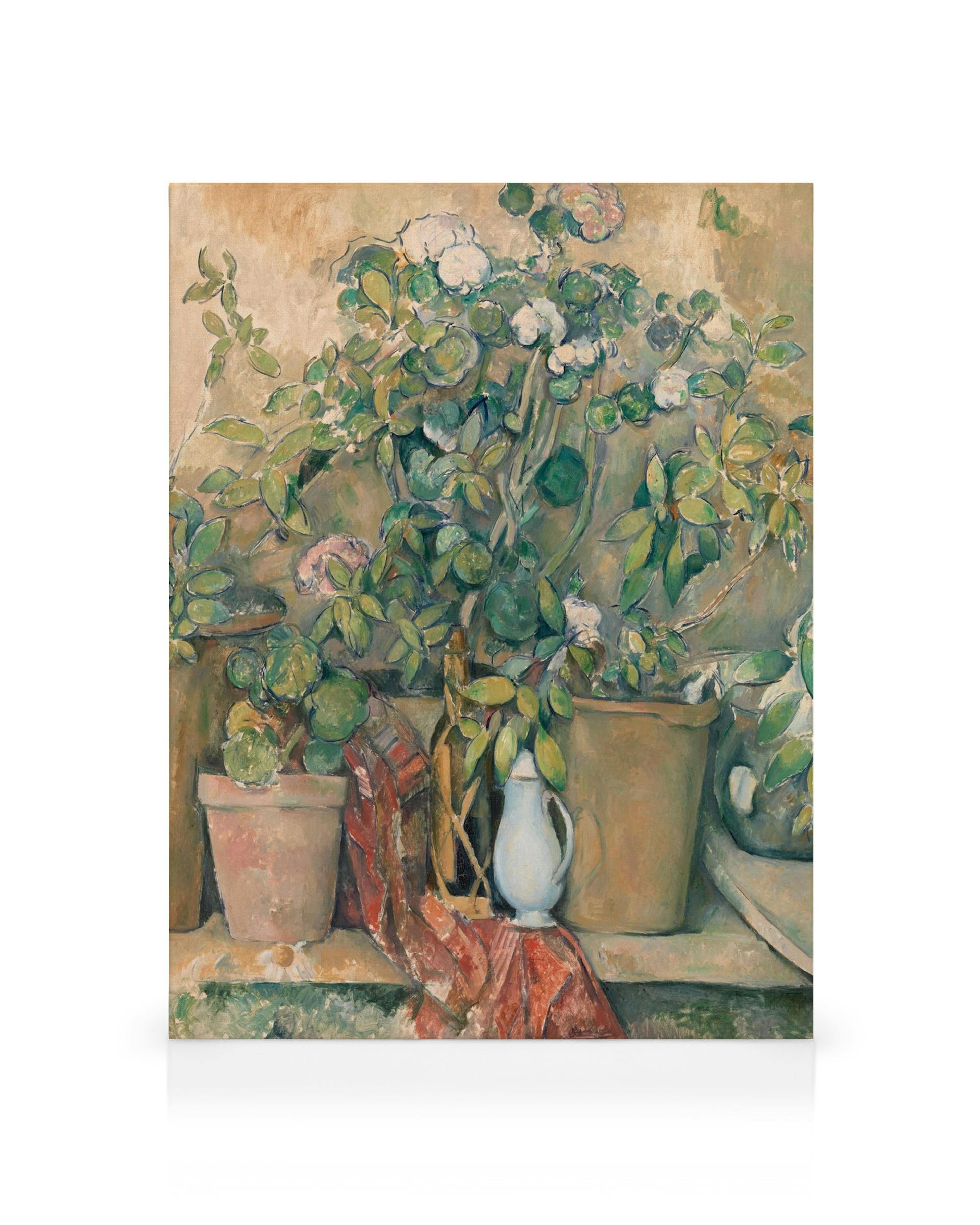 Impresjonistyczny obraz Cézannea: doniczki terakotowe, rośliny, kwiaty w zieleni, bieli, czerwieni, pasiasta tkanina, beżowe tło