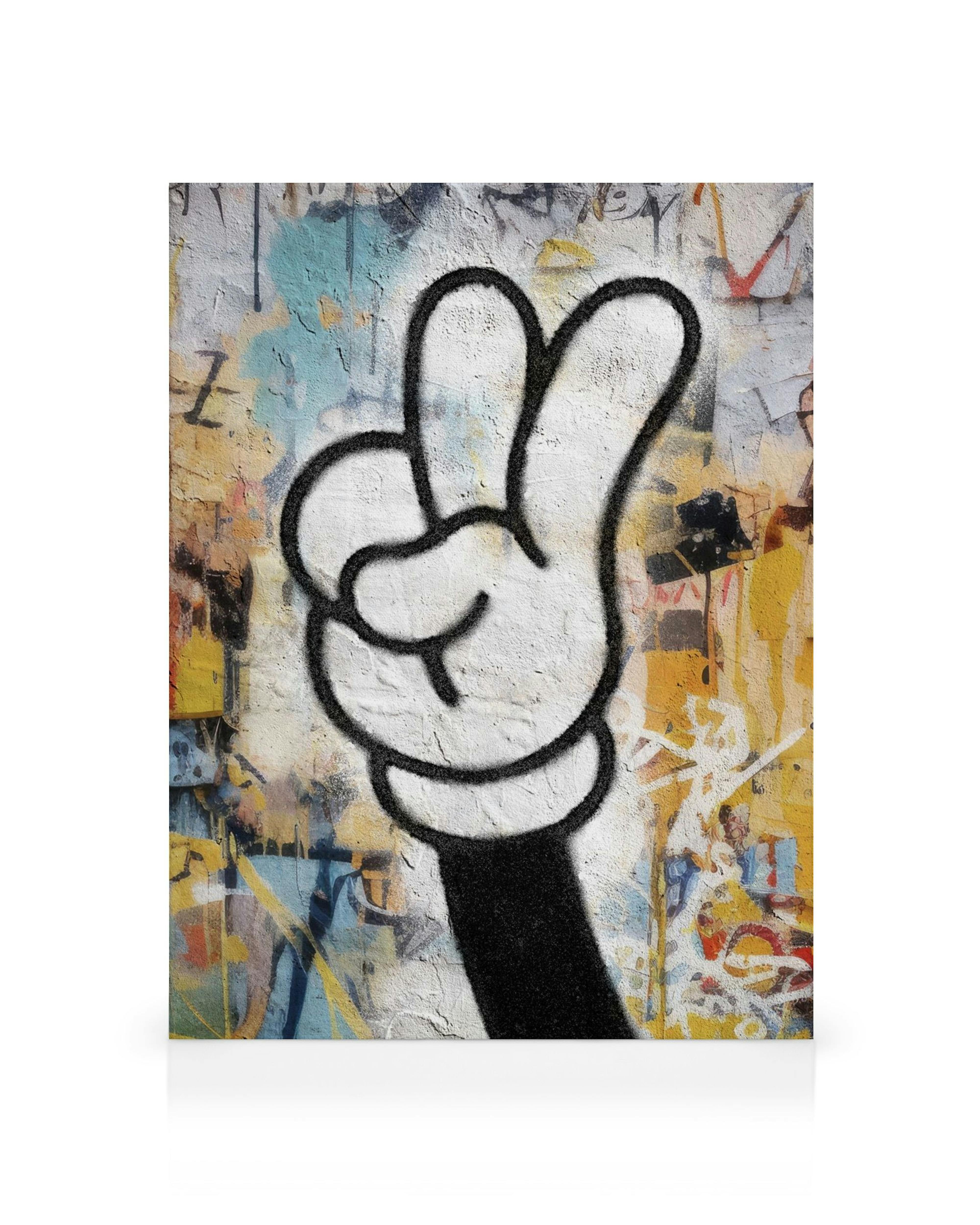 Graffiti art features a white hand showing a peace sign with a black outline on a colorful street art wall.
