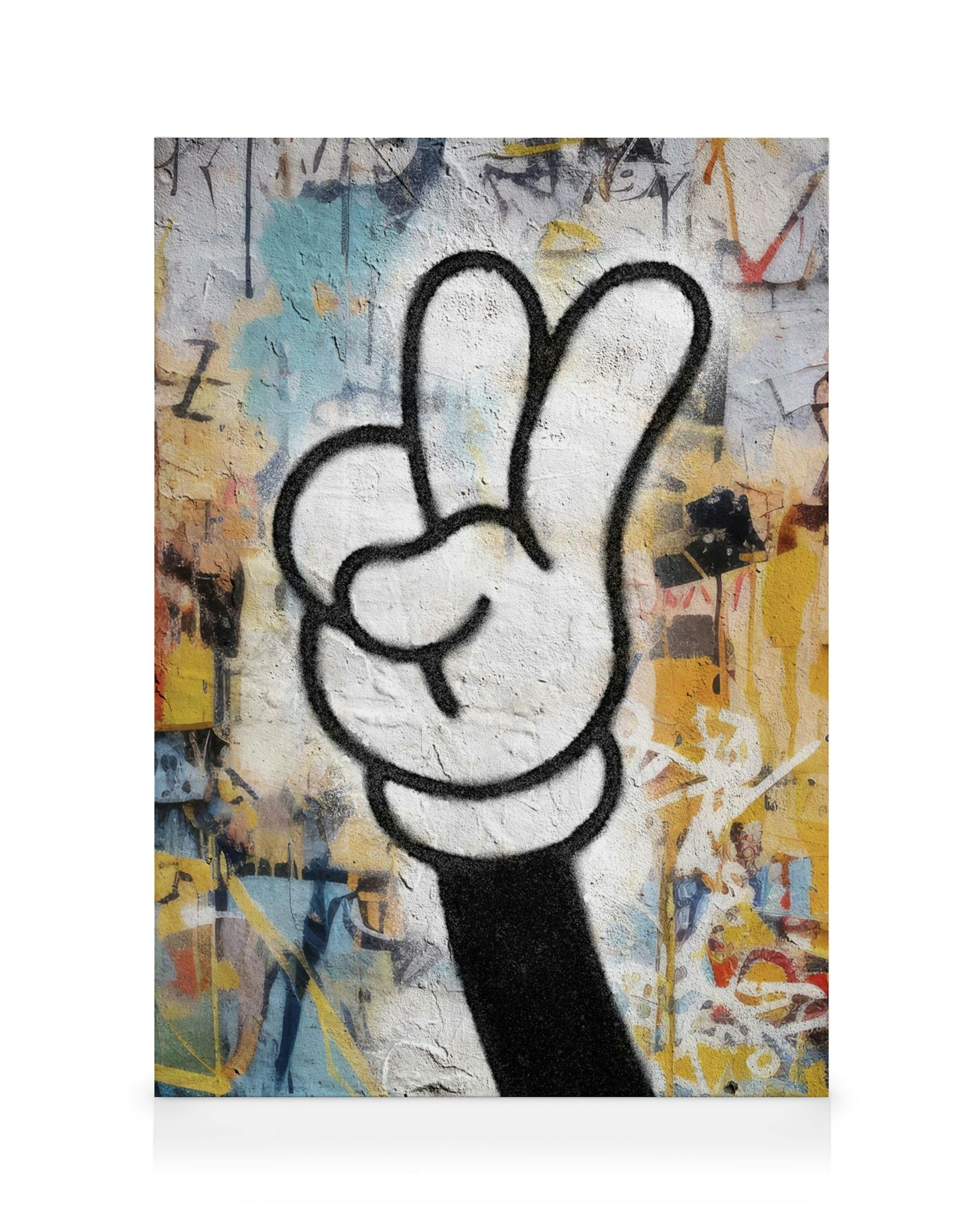 Graffiti Peace-käsimerkki valkoisena mustin ääriviivoin värikkäällä, rosoisella seinäpinnalla. Katutaidetta kanvaasilla.