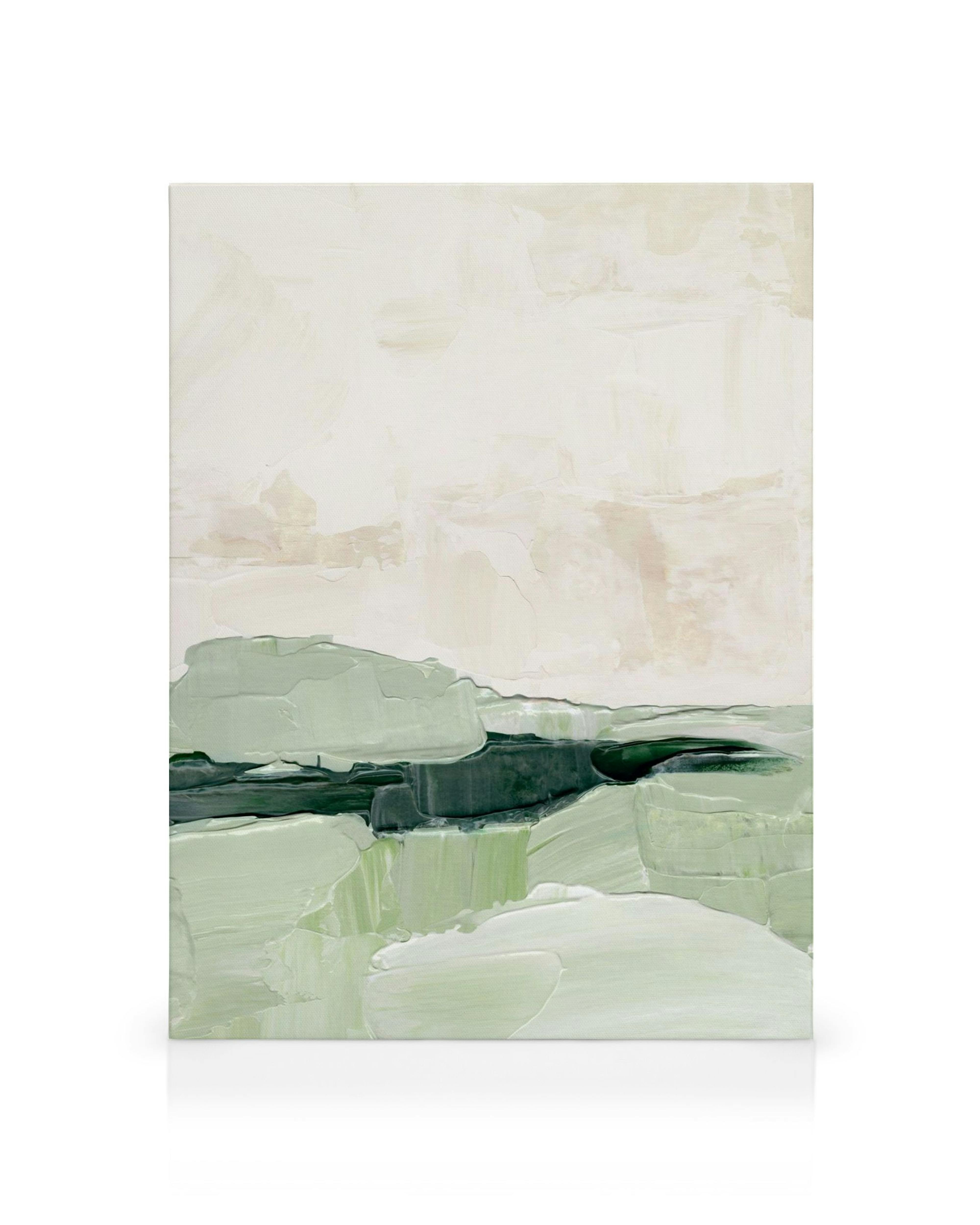 Abstract landscape canvas print with sage green, white, and black broad brushstrokes creating a peaceful, natural feel.