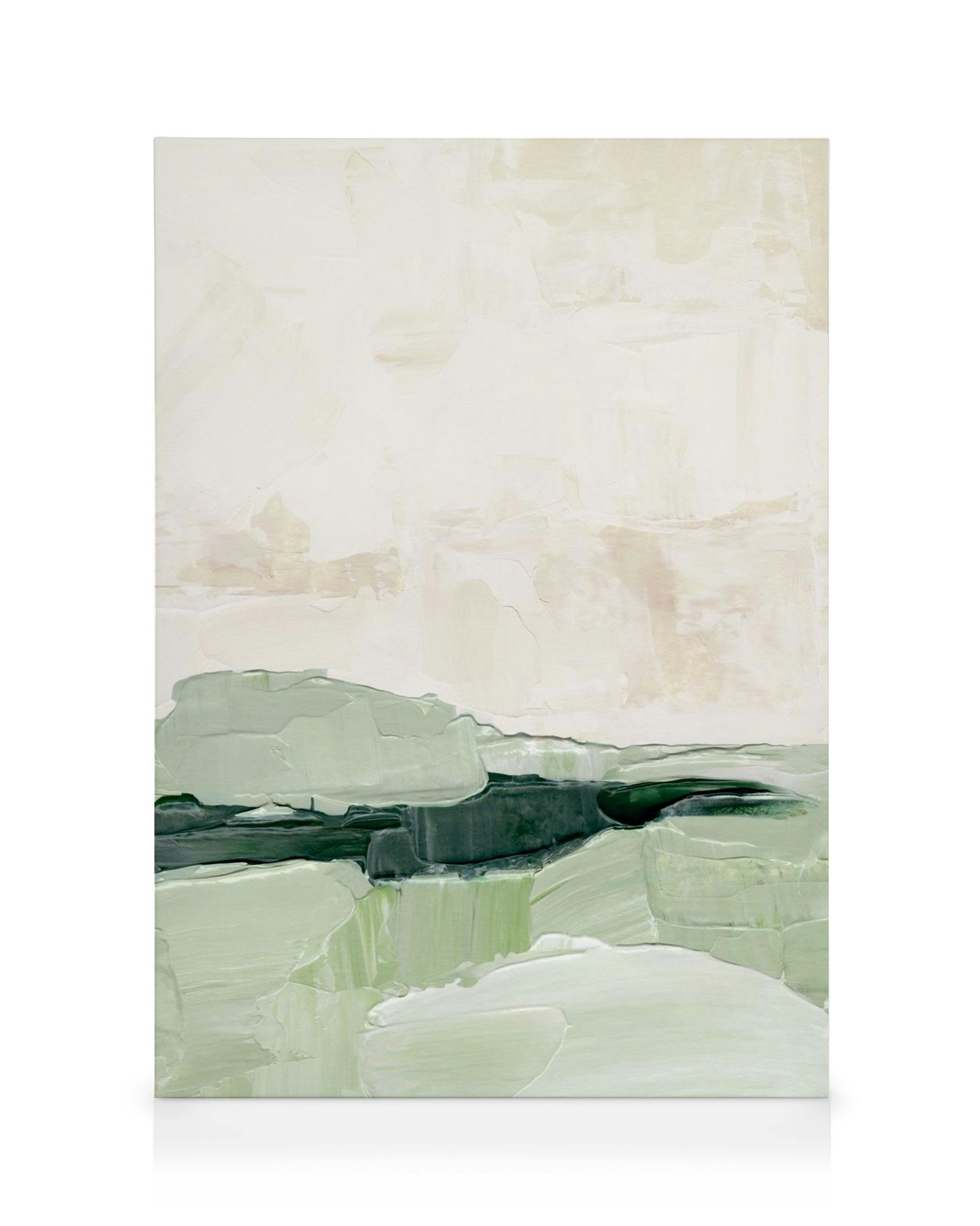 Textured abstract landscape canvas with sage green and dark green brushstrokes, cream and light beige sky.