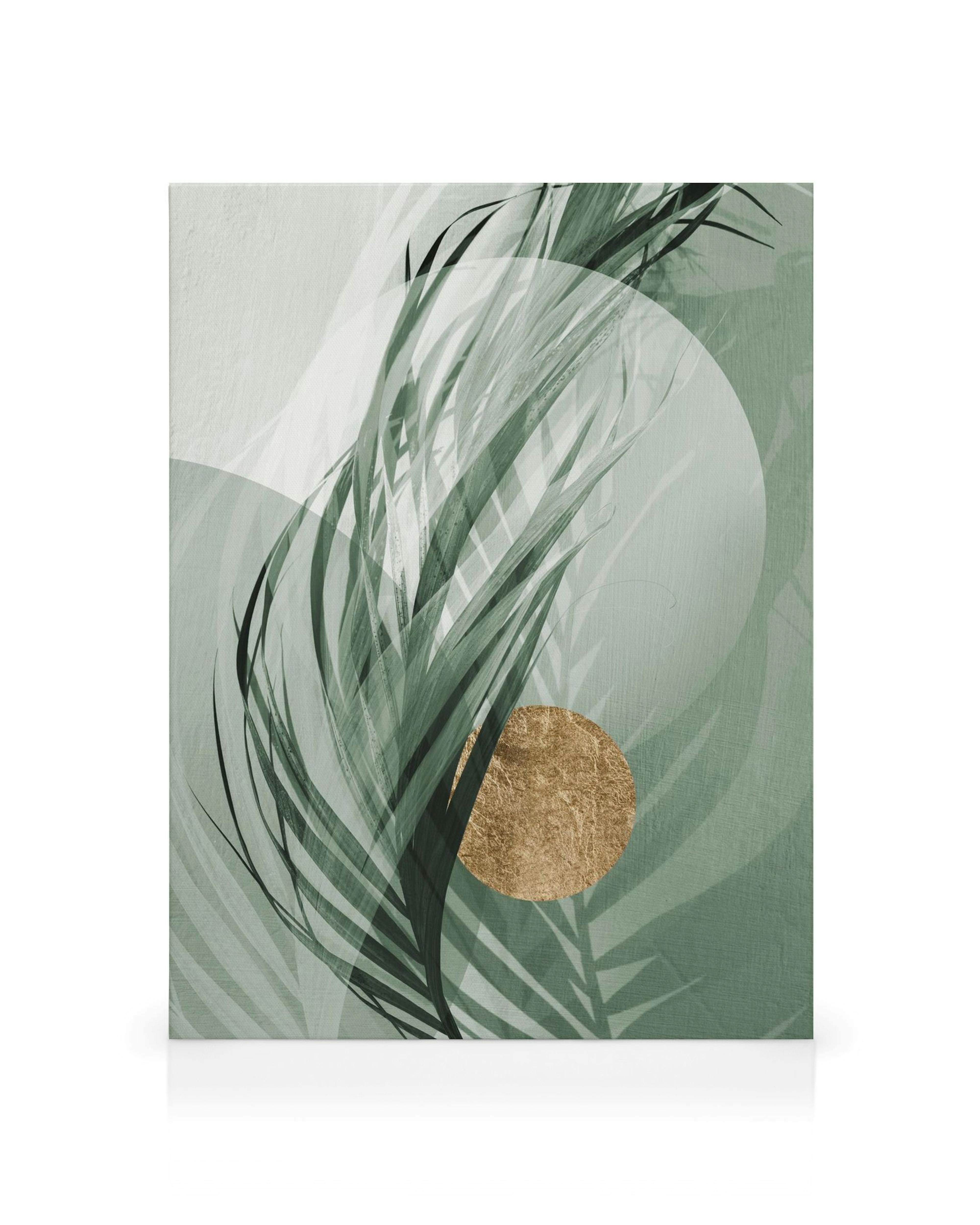 Grafisch canvas met groene palmbladeren en gouden cirkel op gestructureerde achtergrond, kunst aan de muur.