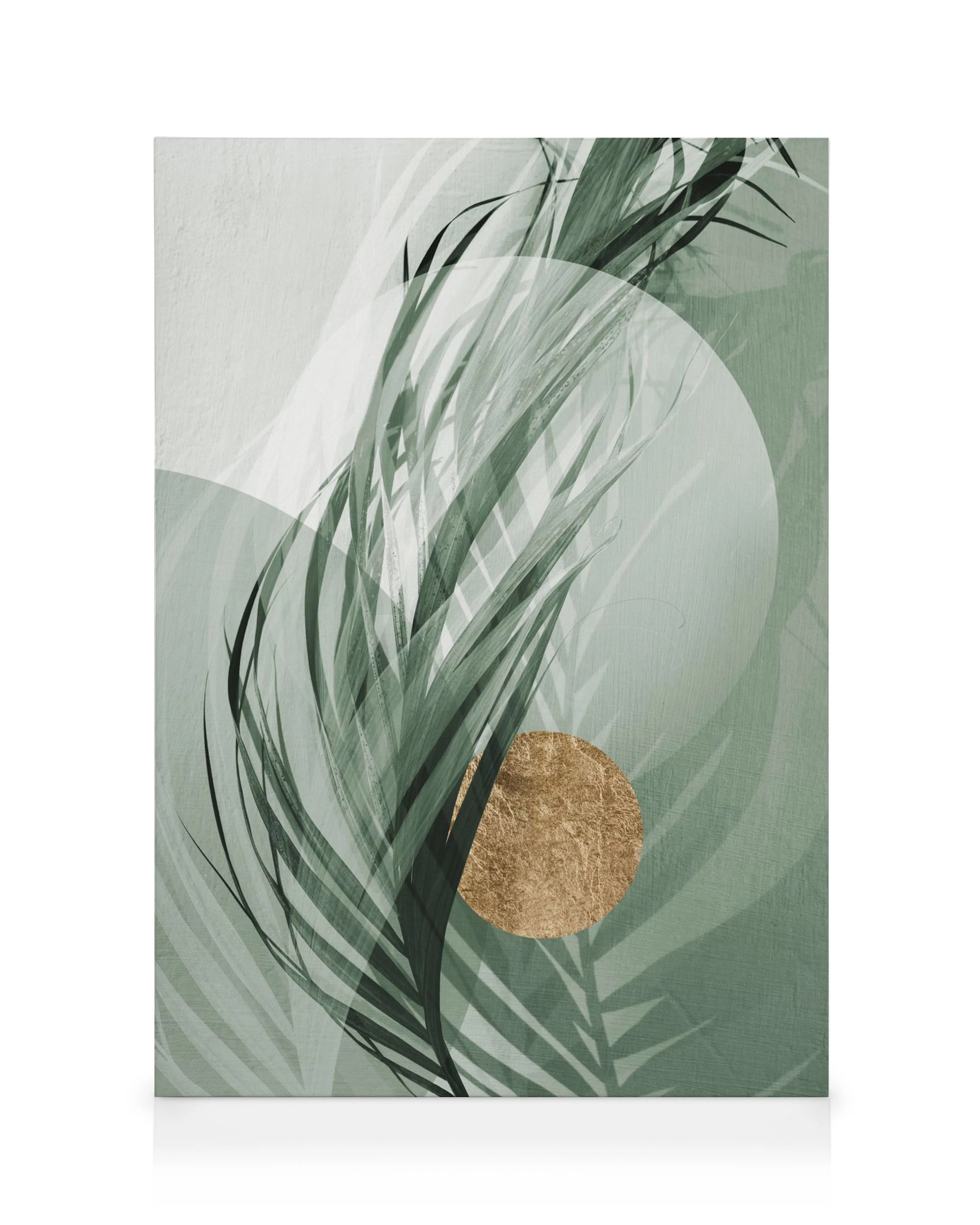 Graphic palm leaf canvas print with dark green fronds on a light green background, featuring a textured gold circle.