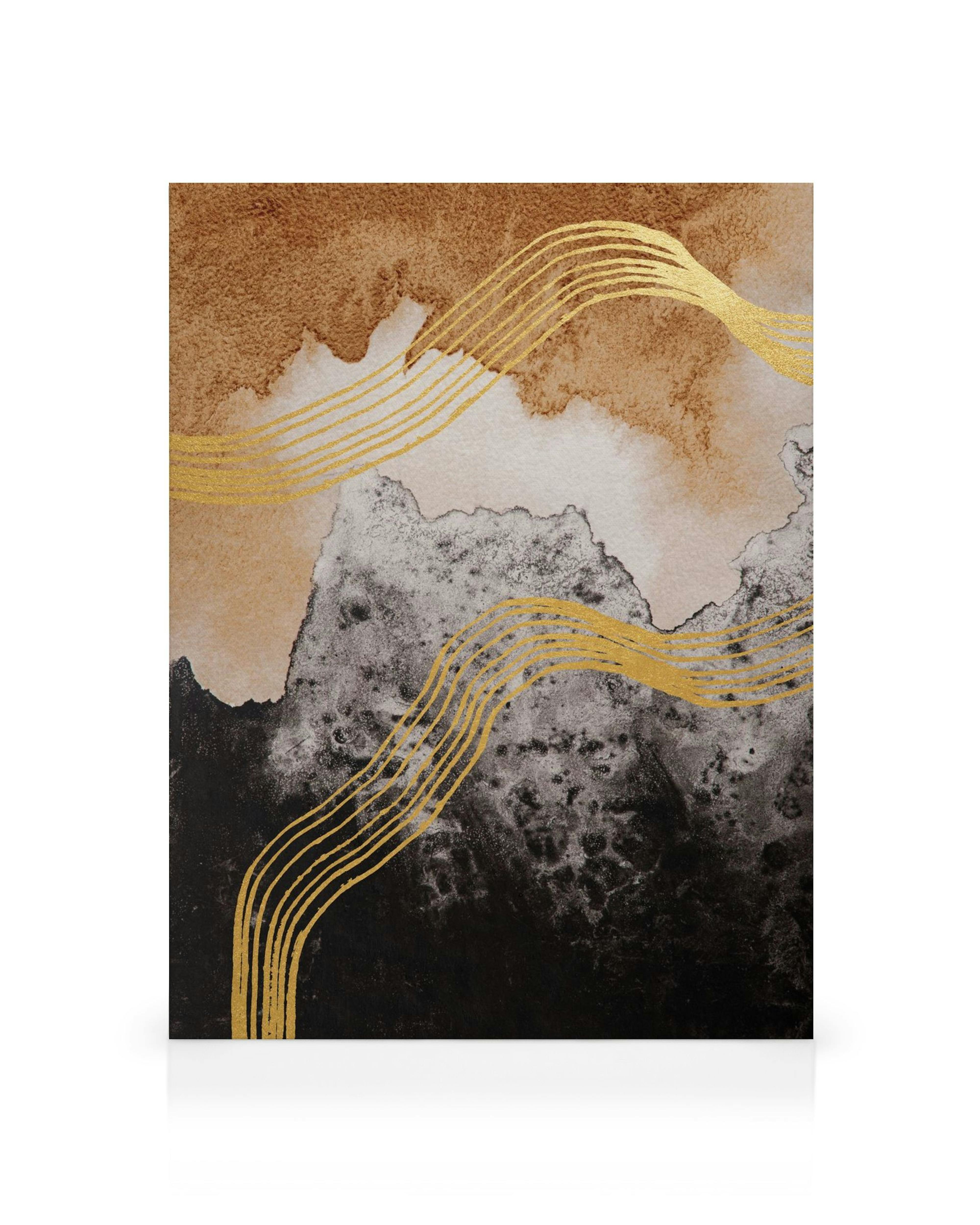 Abstrakt akvarell bergslandskap med gulddetaljer, målat i brunt, grått och svart.