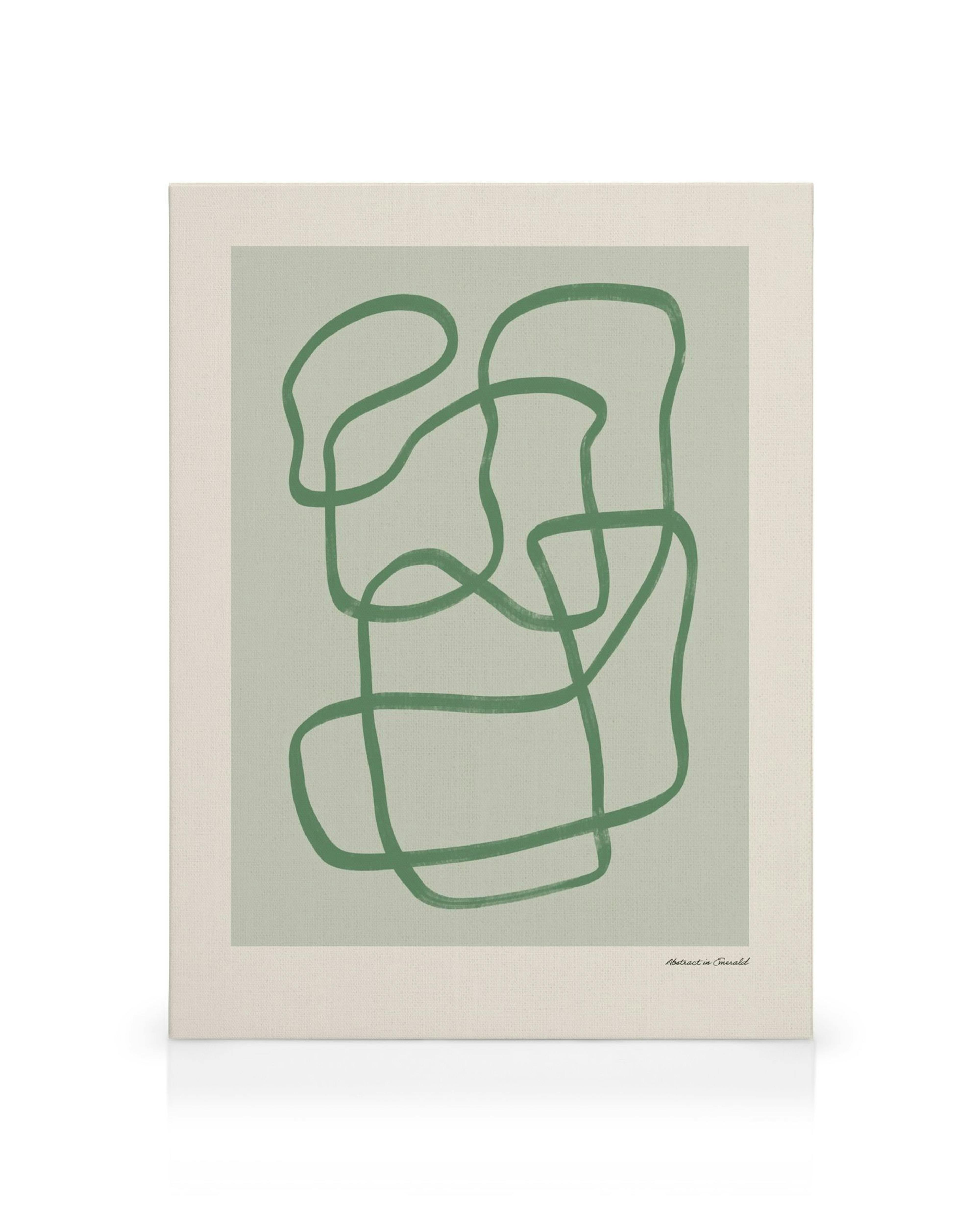 Abstraktný obraz na plátne so zelenými prepletenými líniami na bledozelenom pozadí s béžovým okrajom.