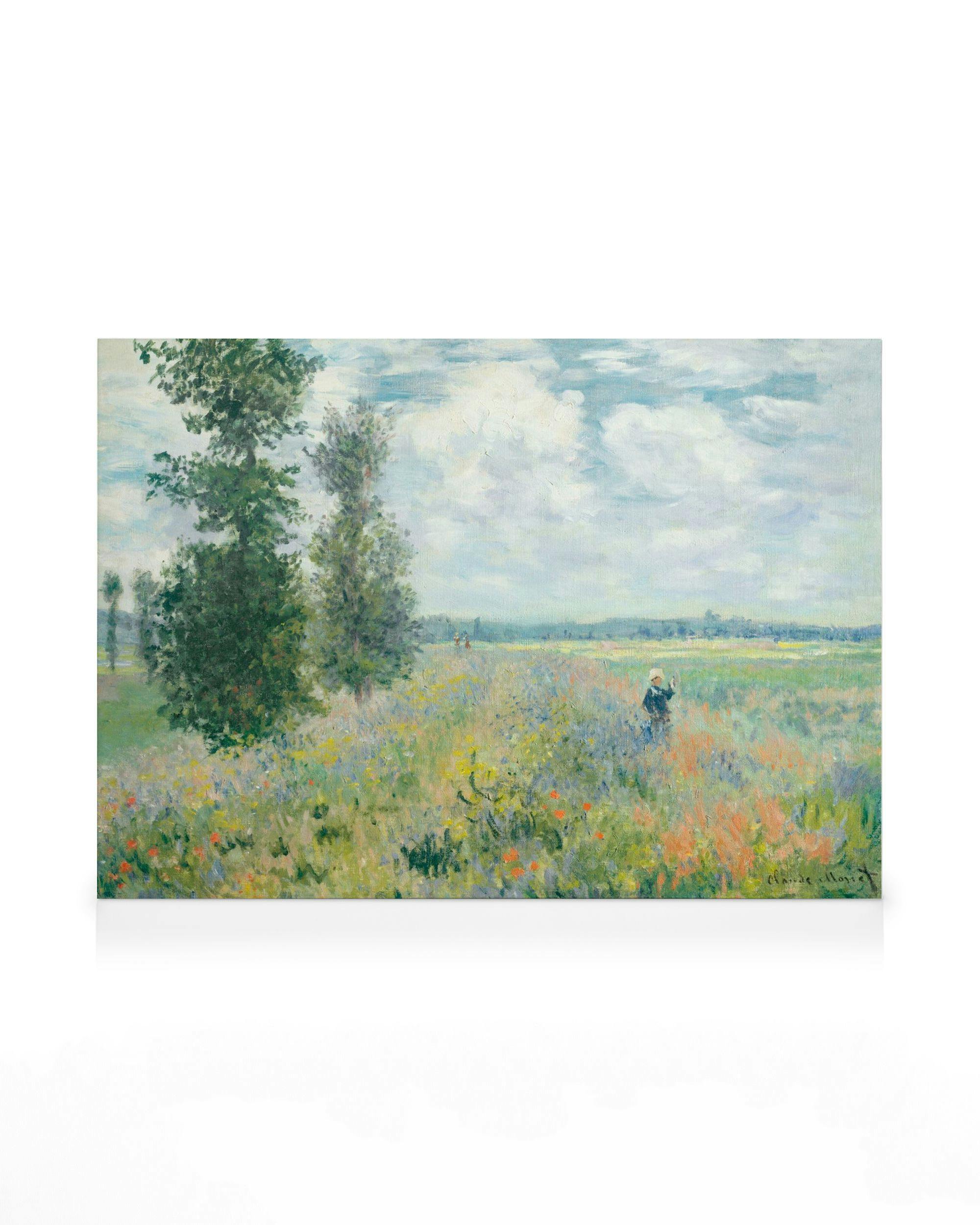 Monets Papavervelden bij Argenteuil. Impressionistisch landschap met bloemen, bomen, blauwe lucht en zichtbare penseelstreken.