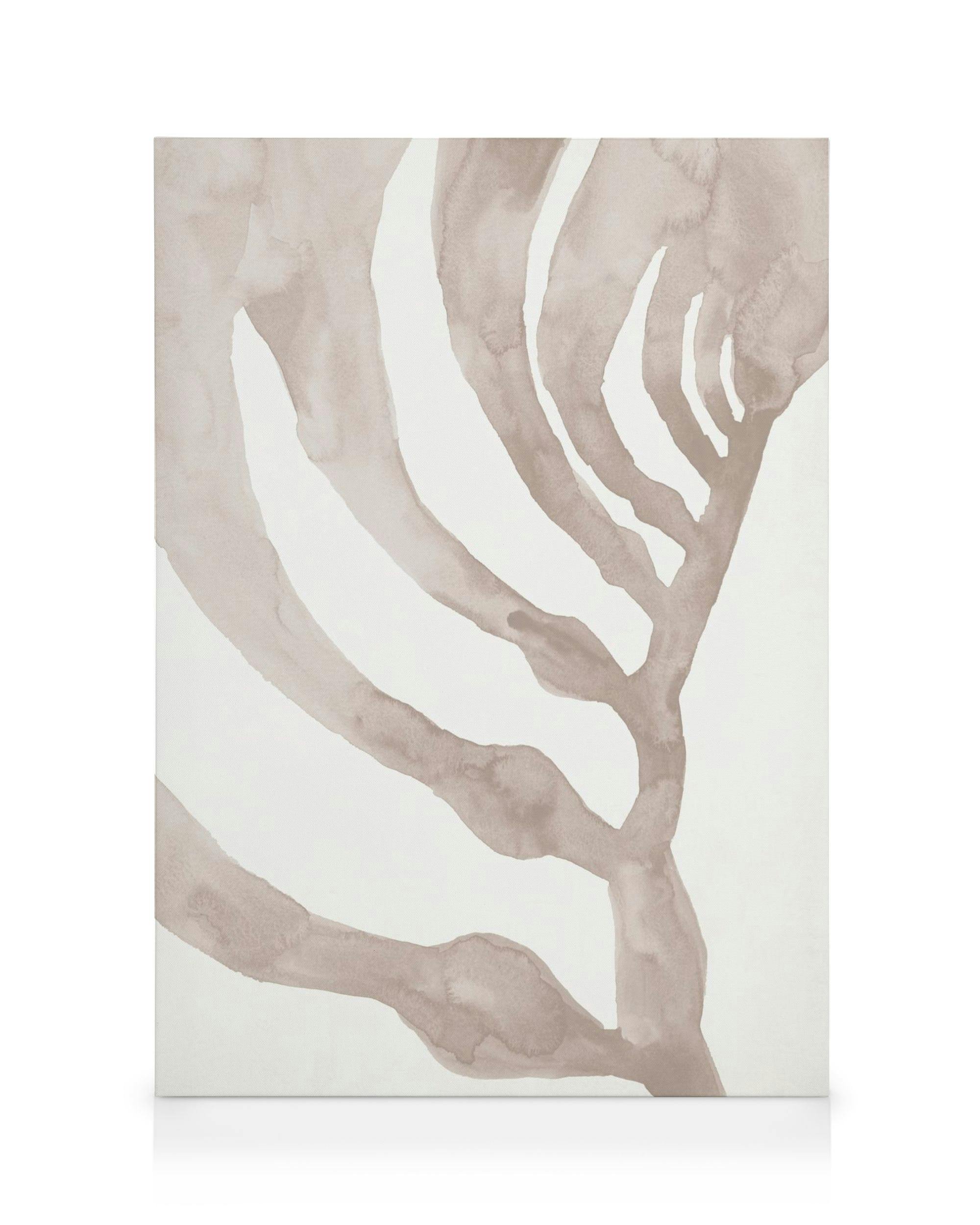 Beige merilevä kanvaasi, jossa on abstrakti kuvio vaaleanruskeilla viivoilla valkoisella pohjalla. Merihenkinen taide.