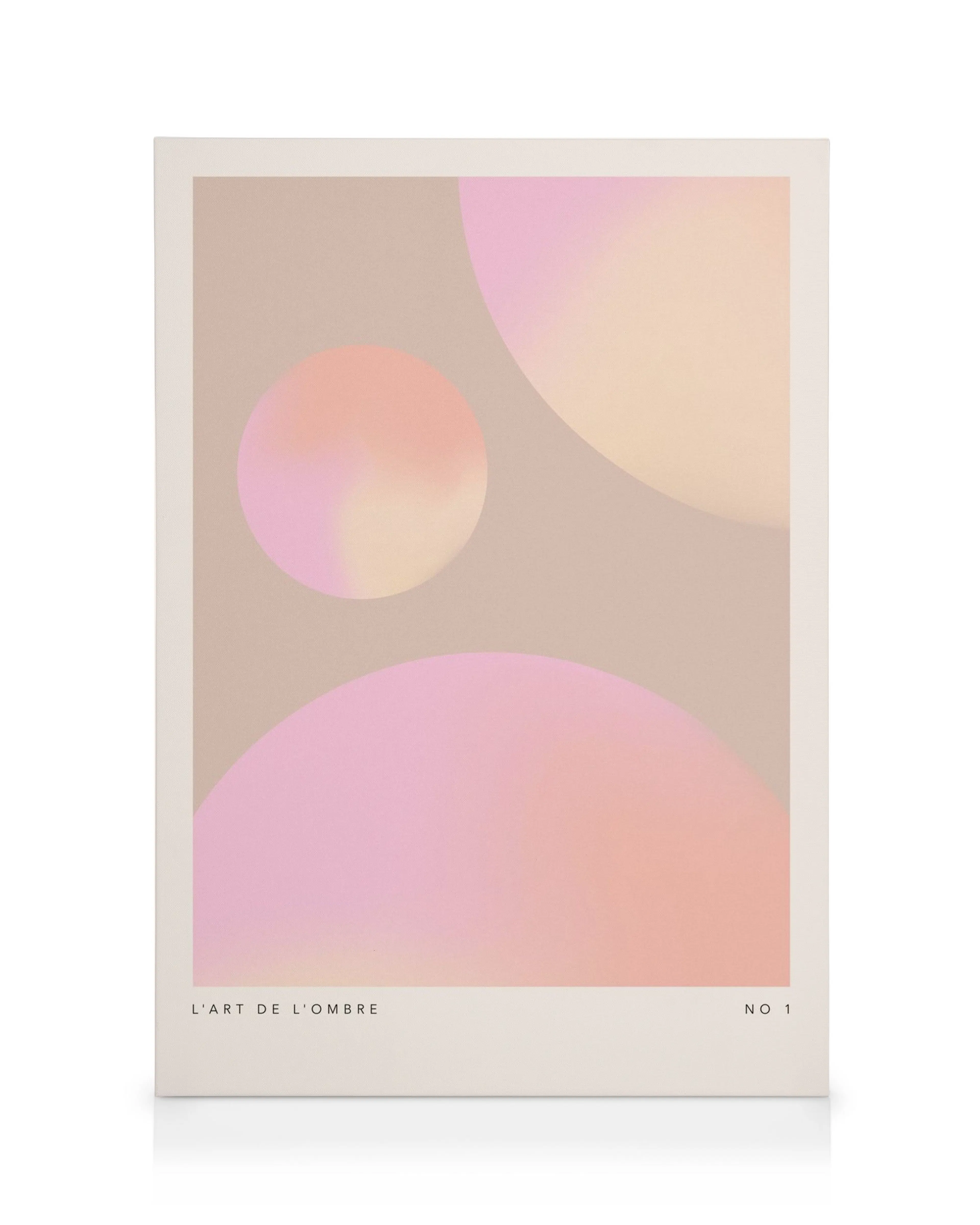 Stampa su tela LArt de lOmbre No1, cerchi sfumati rosa e pesca su sfondo beige, con testo